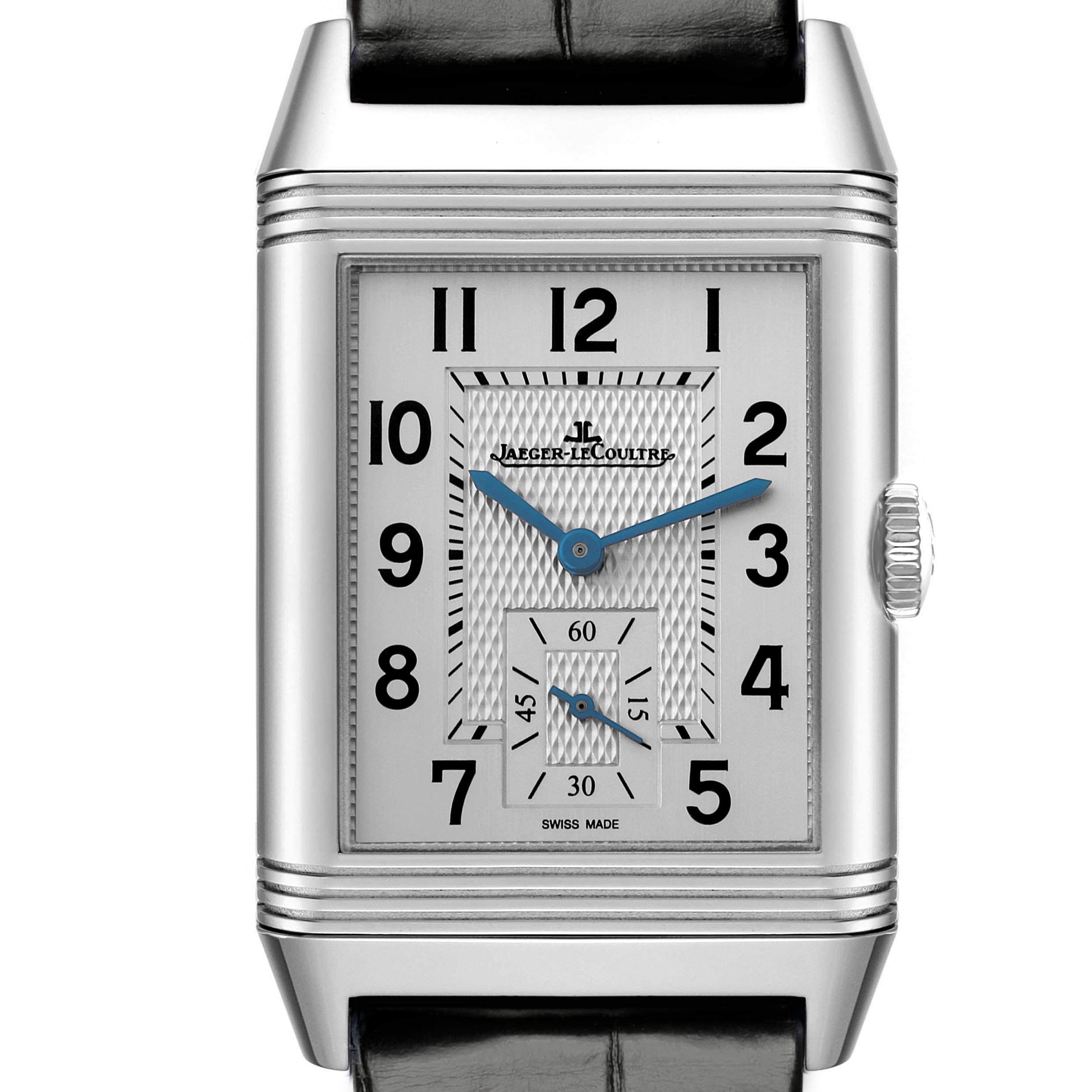 The Jaeger LeCoultre Reverso Q3848420 Men
s Stainless Steel Black Dial Q3848420 Men
s Stainless Steel Black Dial watch is shown from the front, displaying its rectangular dial, numerals, and crown on the right.