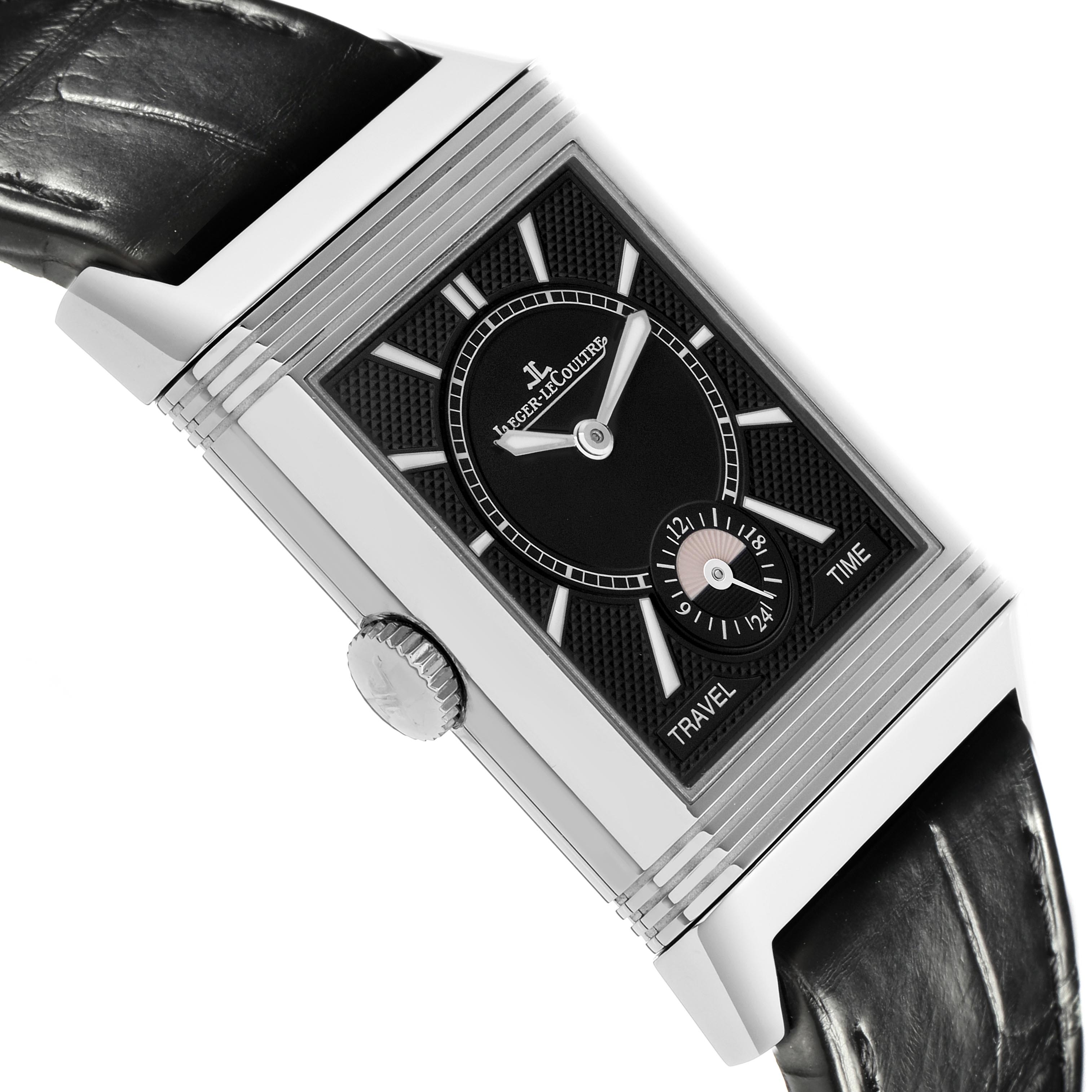 The Jaeger-LeCoultre Reverso model is shown at a side angle, highlighting the dial, crown, and leather strap.
