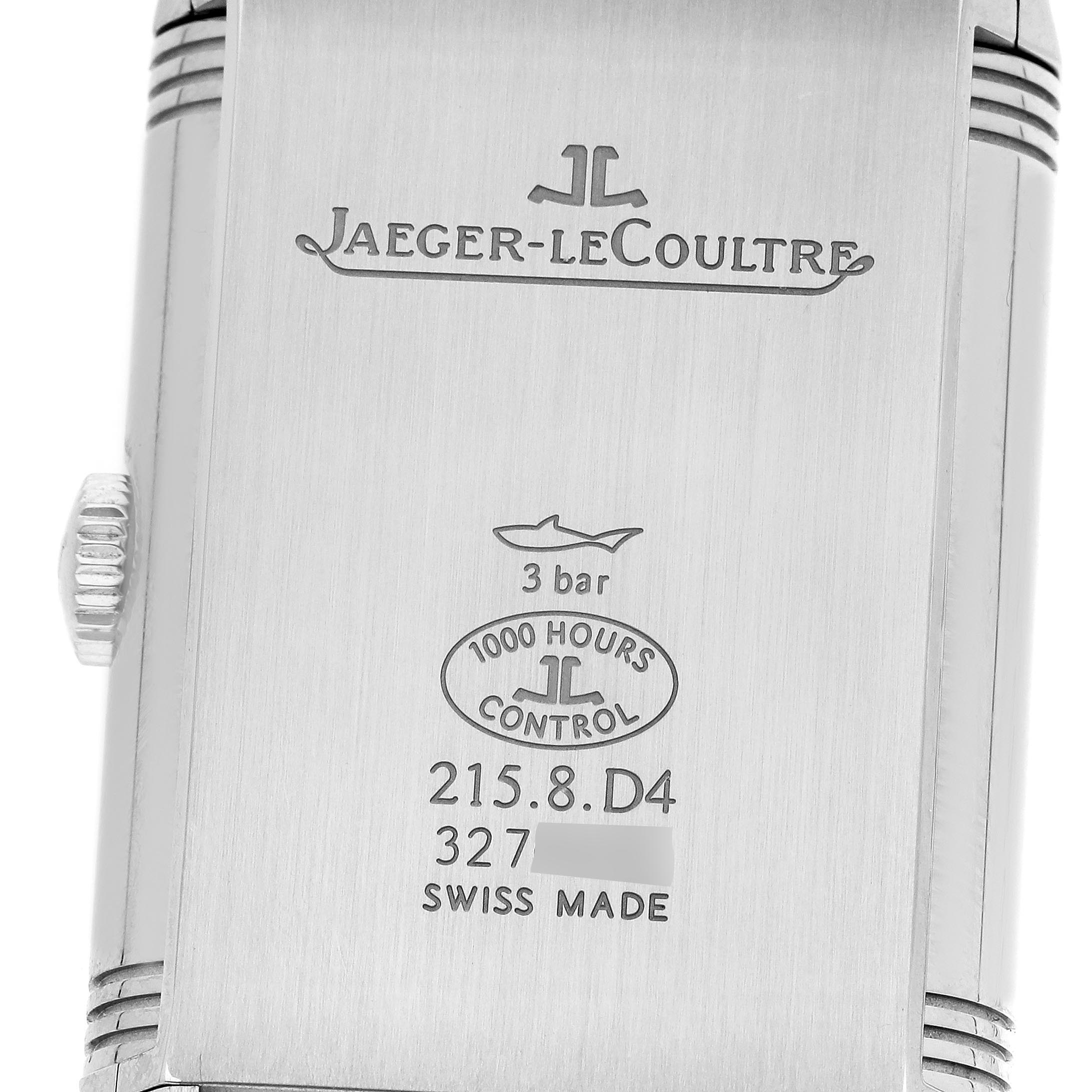 The image shows the back of a Jaeger-LeCoultre Reverso watch, displaying its engravings and water resistance marking.