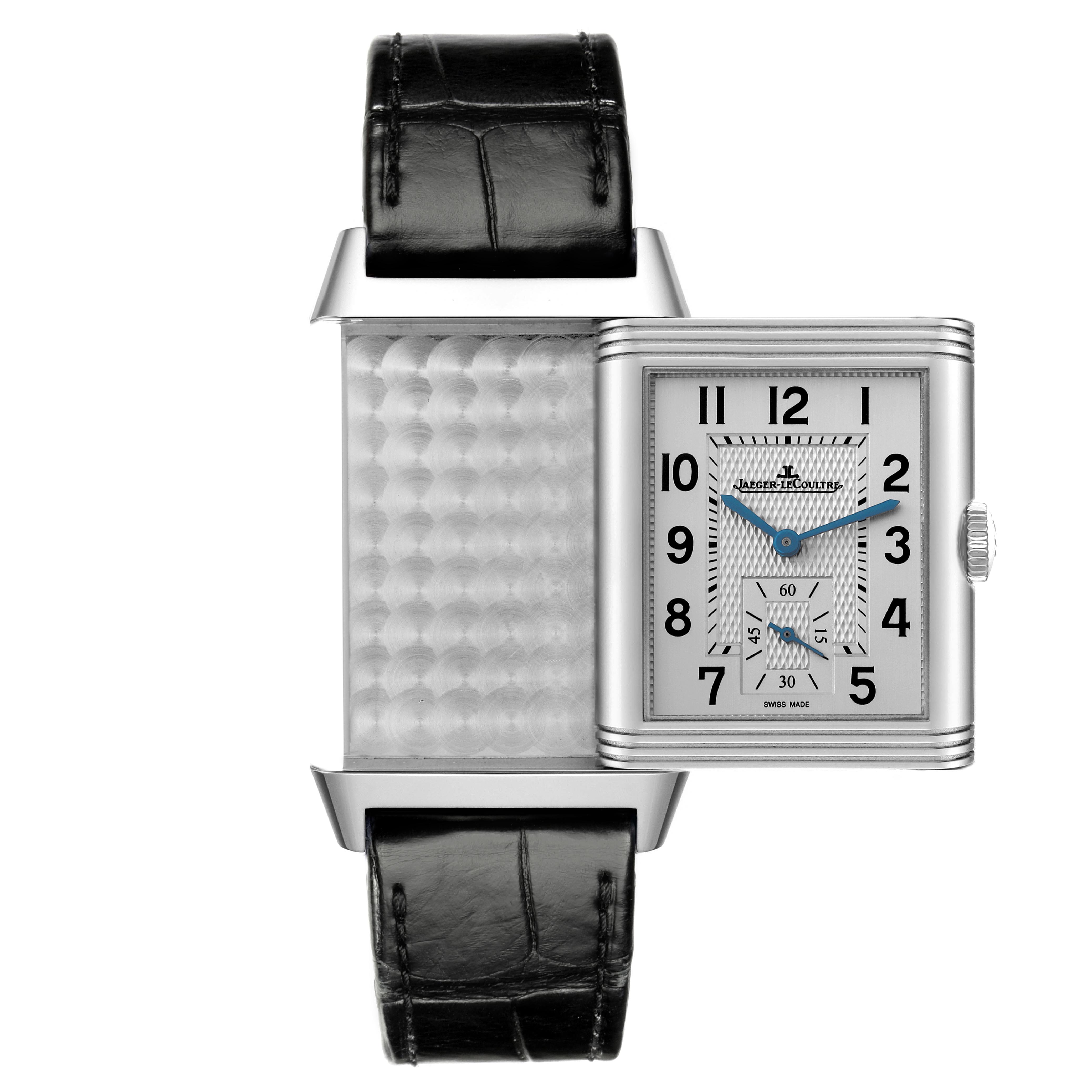 The Jaeger LeCoultre Reverso Q3848420 Men
s Stainless Steel Black Dial Q3848420 Men
s Stainless Steel Black Dial watch shows both the dial and the reverse side, featuring a leather strap and rectangular case.