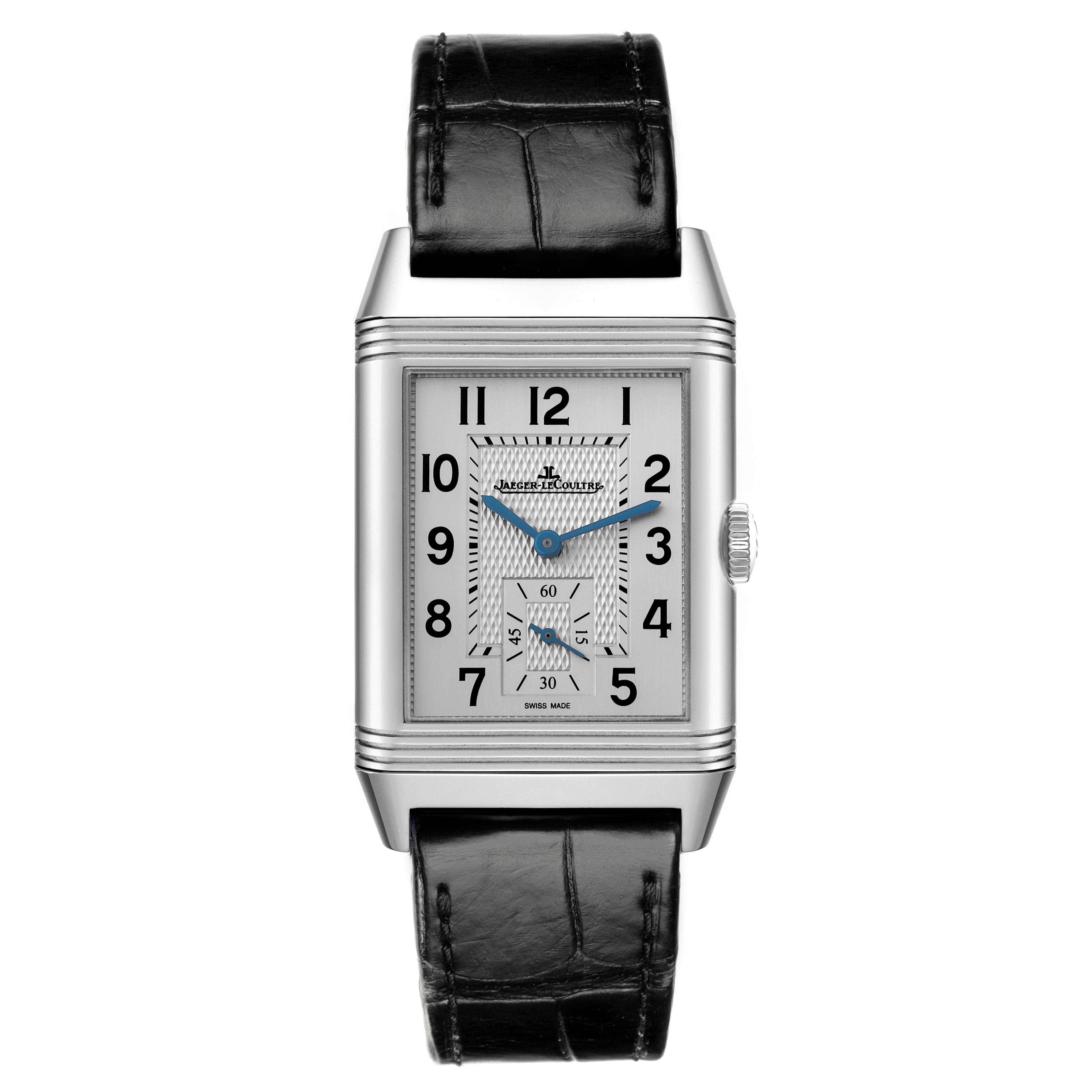 The Jaeger LeCoultre Reverso Q3848420 Men
s Stainless Steel Black Dial Q3848420 Men
s Stainless Steel Black Dial model watch is shown from the front, displaying the rectangular face, dial, and leather strap.