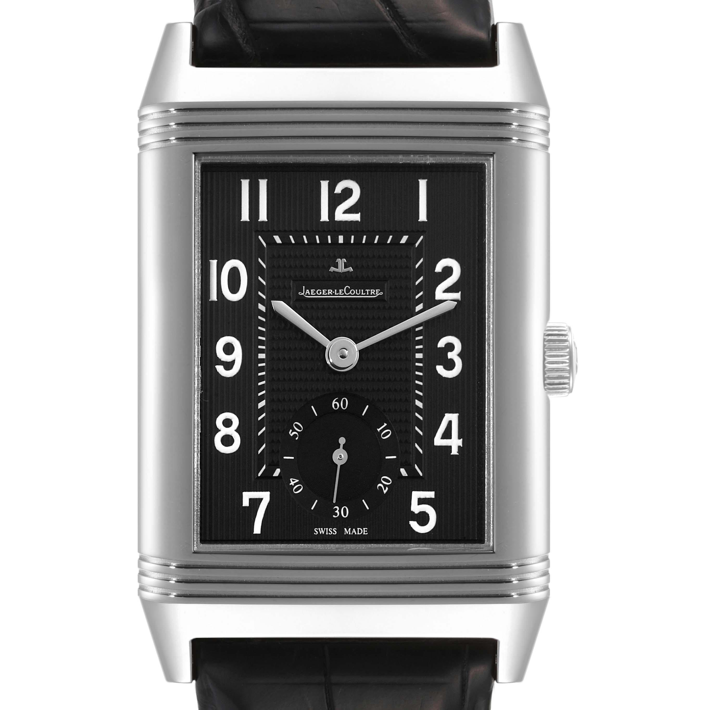 The image shows a front view of the Jaeger LeCoultre Reverso Q3738470 Men's Stainless Steel Black Dial Q3738470 Men's Stainless Steel Black Dial watch, displaying its rectangular dial, Arabic numerals, and subdial.