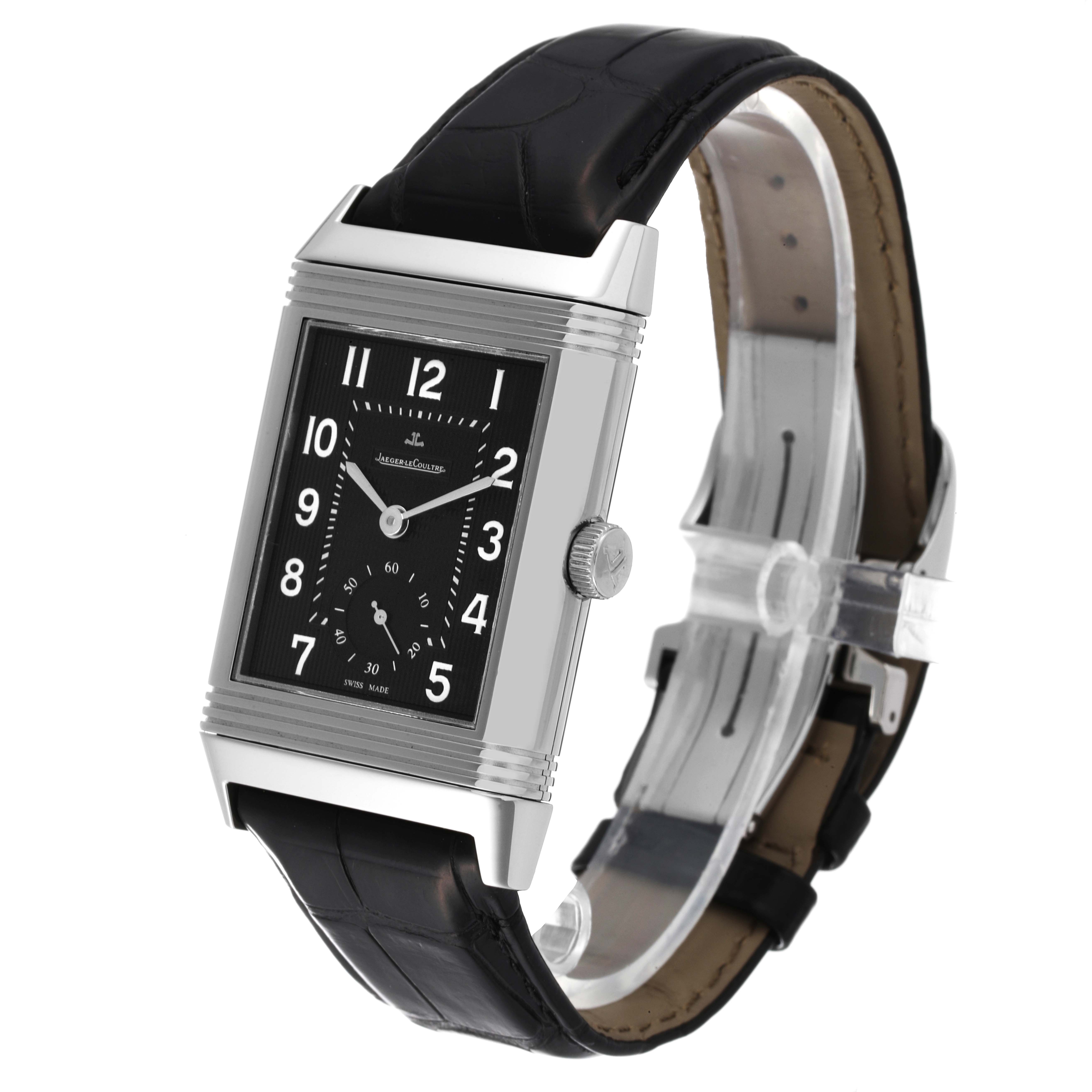 The image shows a Jaeger LeCoultre Reverso Q3738470 Men's Stainless Steel Black Dial Q3738470 Men's Stainless Steel Black Dial model watch at an angled view, displaying its rectangular face and black leather strap.