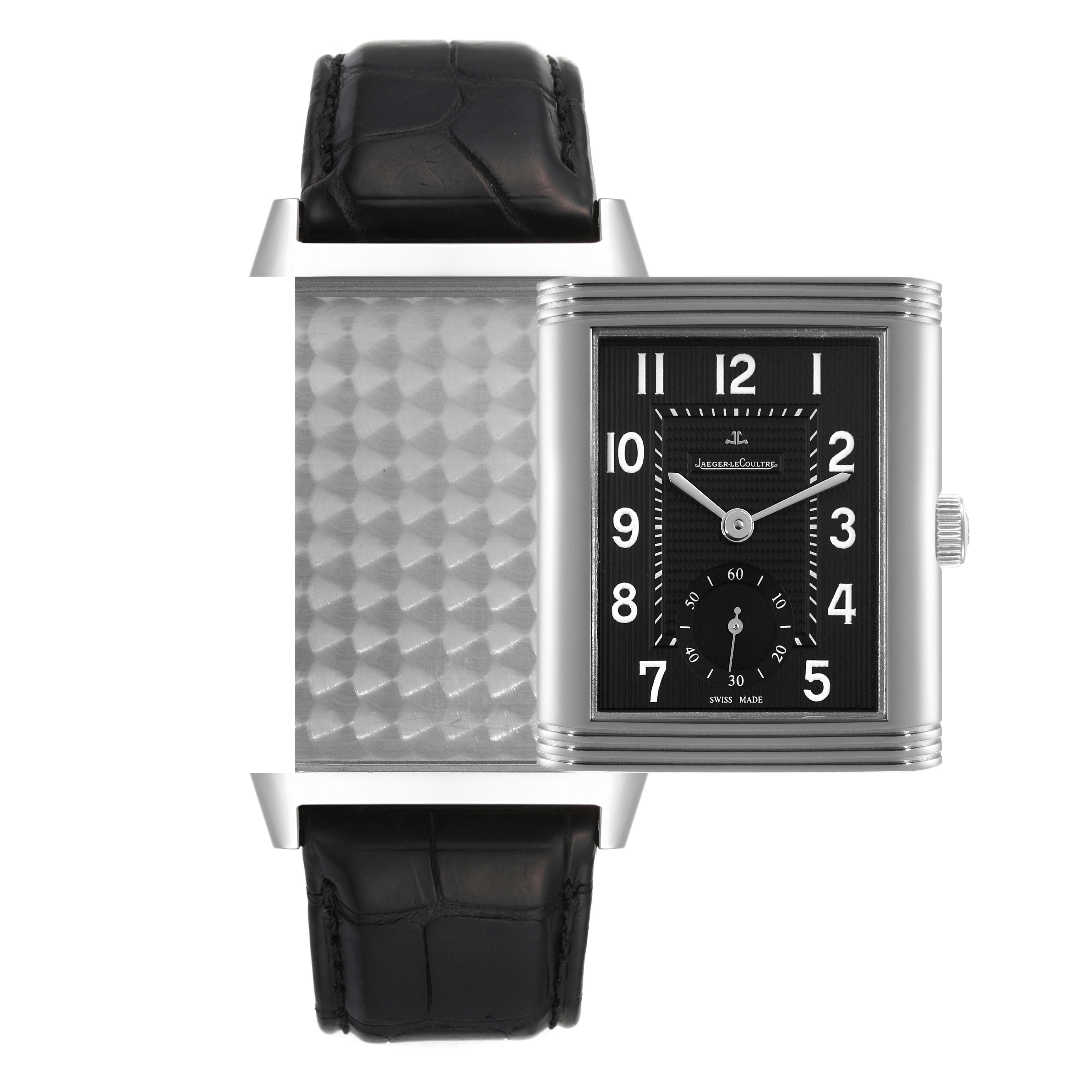 The image shows a front view of a Jaeger LeCoultre Reverso Q3738470 Men's Stainless Steel Black Dial Q3738470 Men's Stainless Steel Black Dial watch, displaying both its face and its reversed protective case.