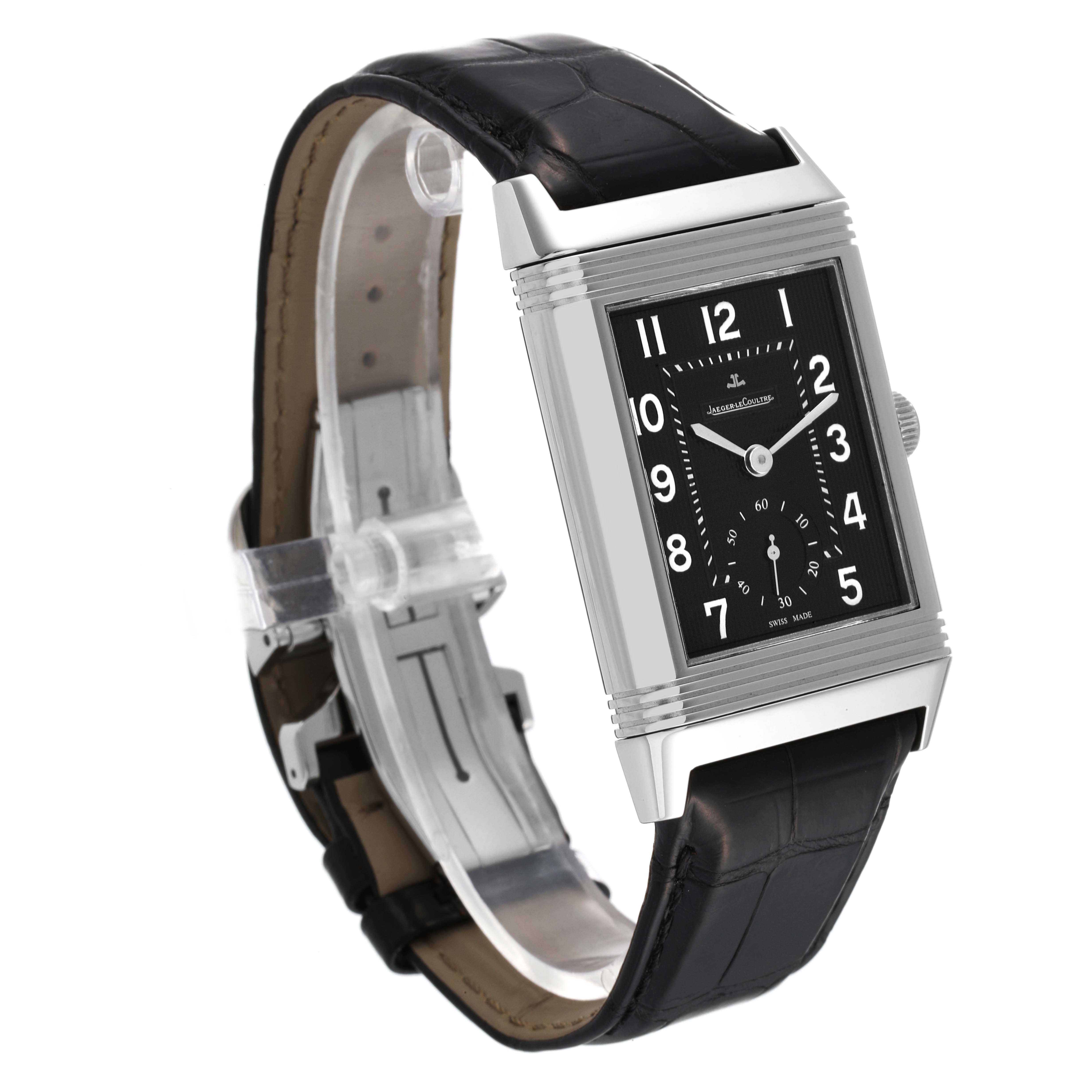 The Jaeger LeCoultre Reverso Q3738470 Men's Stainless Steel Black Dial Q3738470 Men's Stainless Steel Black Dial watch is shown at an angle highlighting the face, bezel, strap, and clasp.