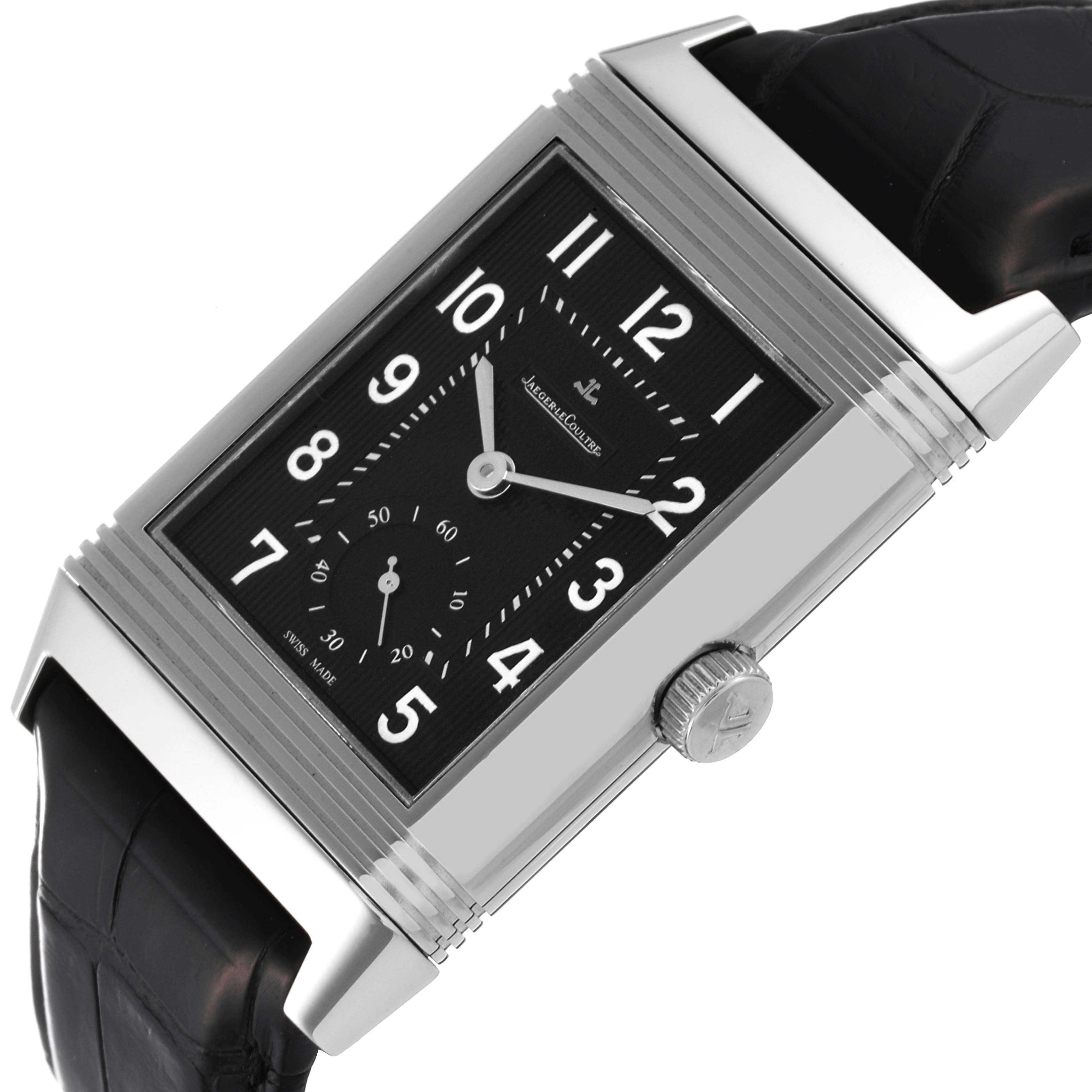 This image shows the Jaeger LeCoultre Reverso Q3738470 Men's Stainless Steel Black Dial Q3738470 Men's Stainless Steel Black Dial watch from a front angle, highlighting its rectangular face, crown, and black leather strap.