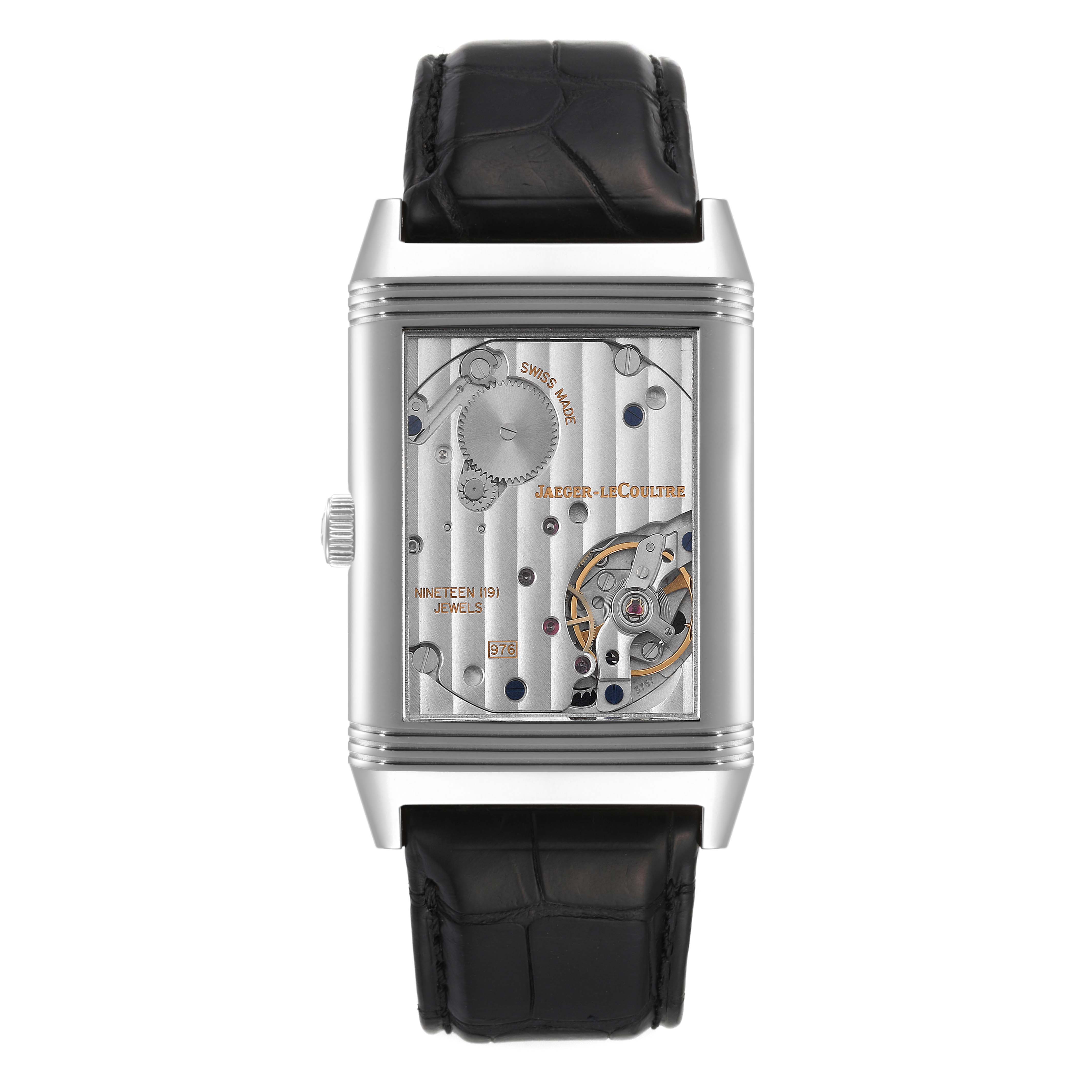 This is a front view of a Jaeger LeCoultre Reverso Q3738470 Men's Stainless Steel Black Dial Q3738470 Men's Stainless Steel Black Dial watch, showcasing its internal mechanism and black leather strap.