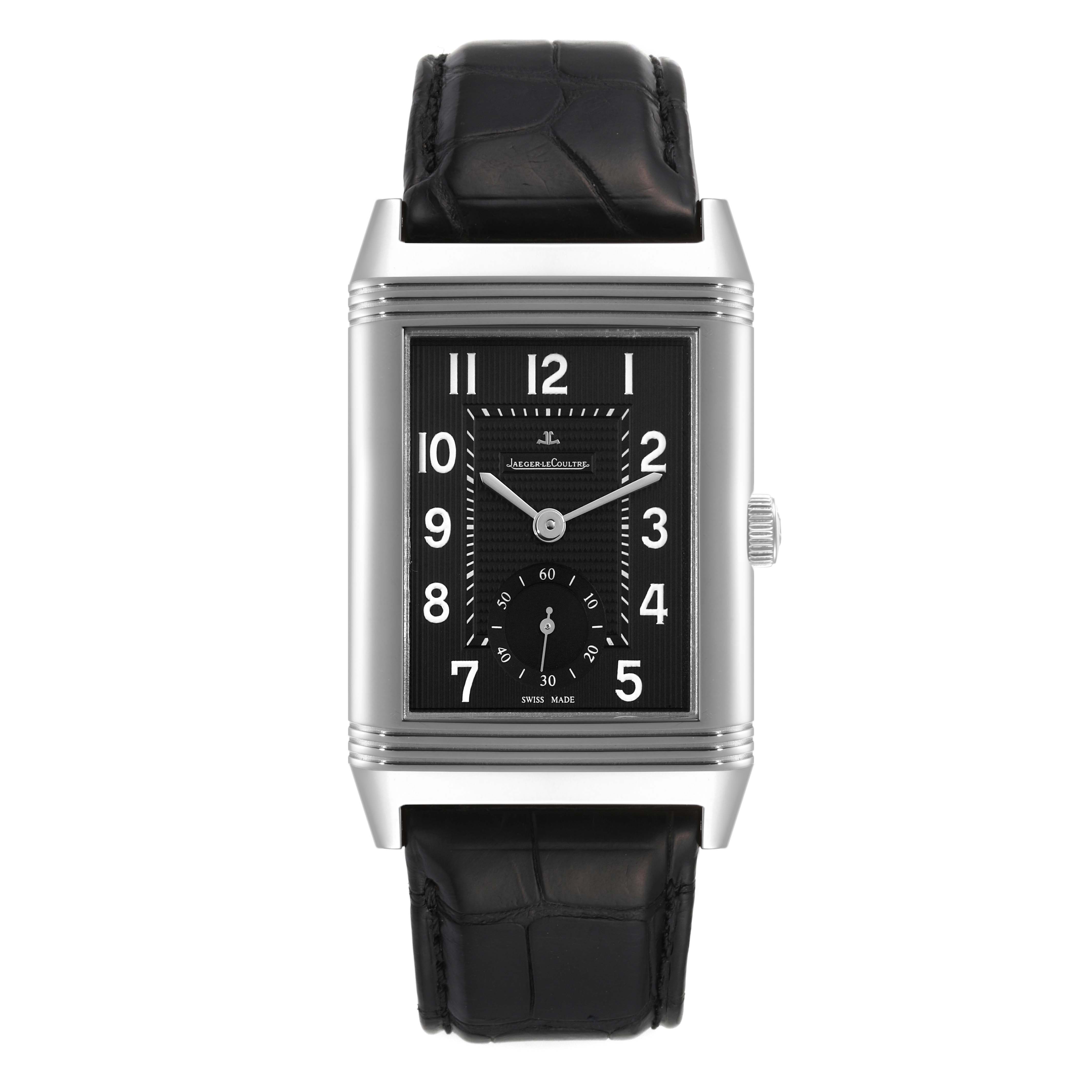 The image shows a front view of the Jaeger-LeCoultre Reverso watch, highlighting the dial, hands, numerals, and leather strap.