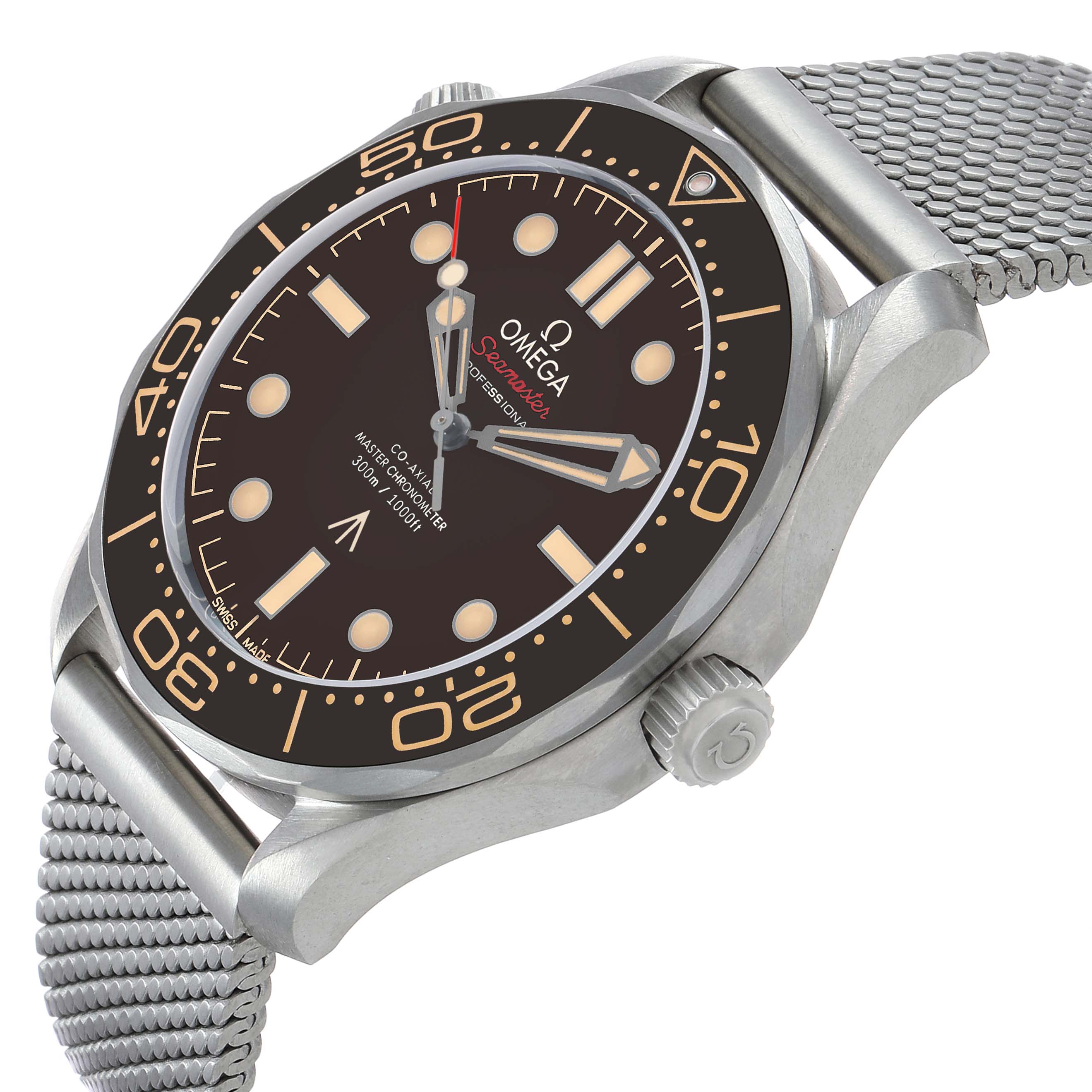The Omega Seamaster 210.90.42.20.01.001 Men's Titanium Brown Dial watch is shown at a side angle highlighting the face, bezel, crown, and mesh strap.