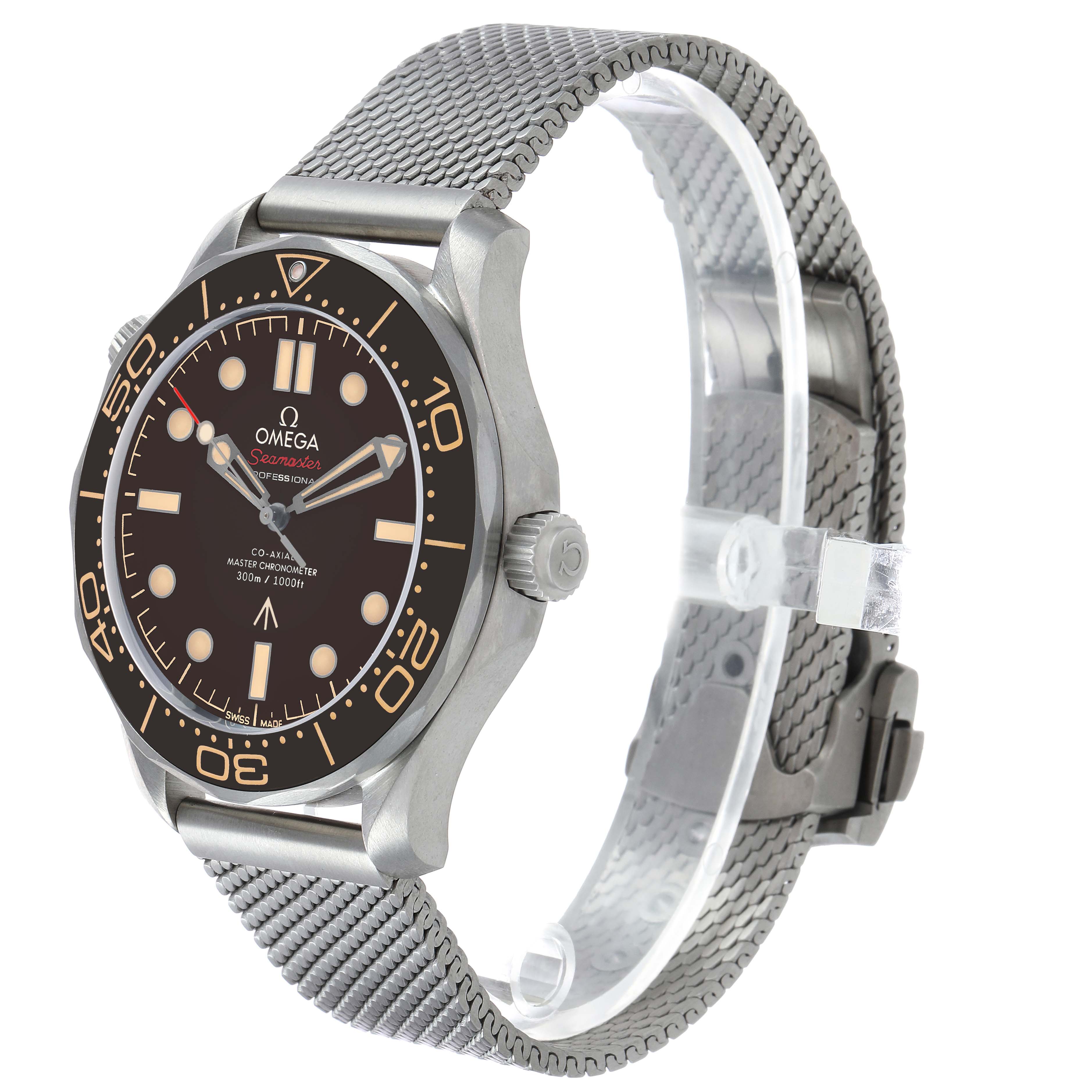 The Omega Seamaster 210.90.42.20.01.001 Men's Titanium Brown Dial watch is shown at a slight angle, highlighting its bezel, dial, hands, and mesh bracelet.