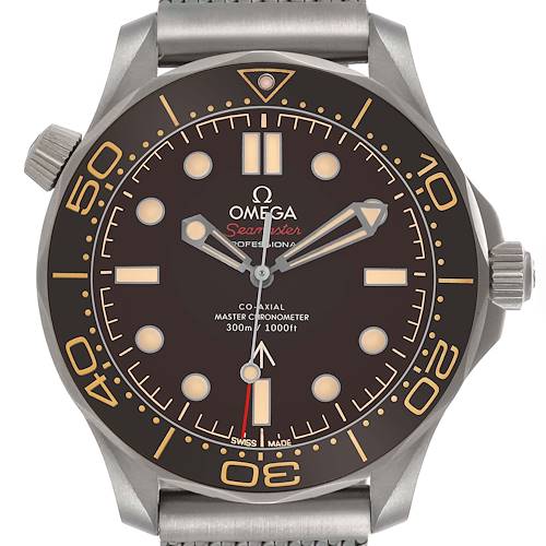 The Omega Seamaster 210.90.42.20.01.001 Men's Titanium Brown Dial watch is shown from the front, highlighting its bezel, dial, and hands.