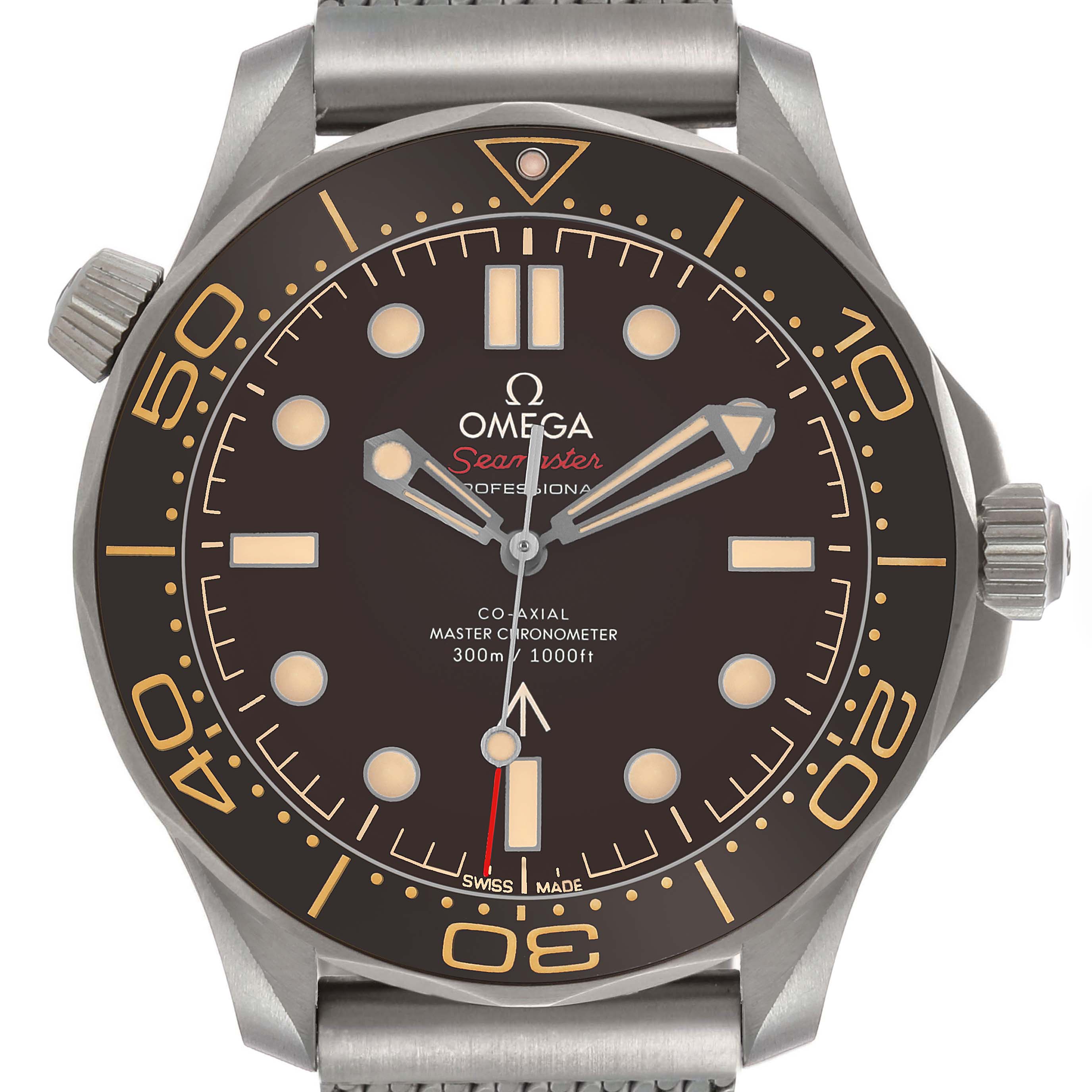 The Omega Seamaster 210.90.42.20.01.001 Men's Titanium Brown Dial watch is shown from the front, highlighting the dial, bezel, and crown.