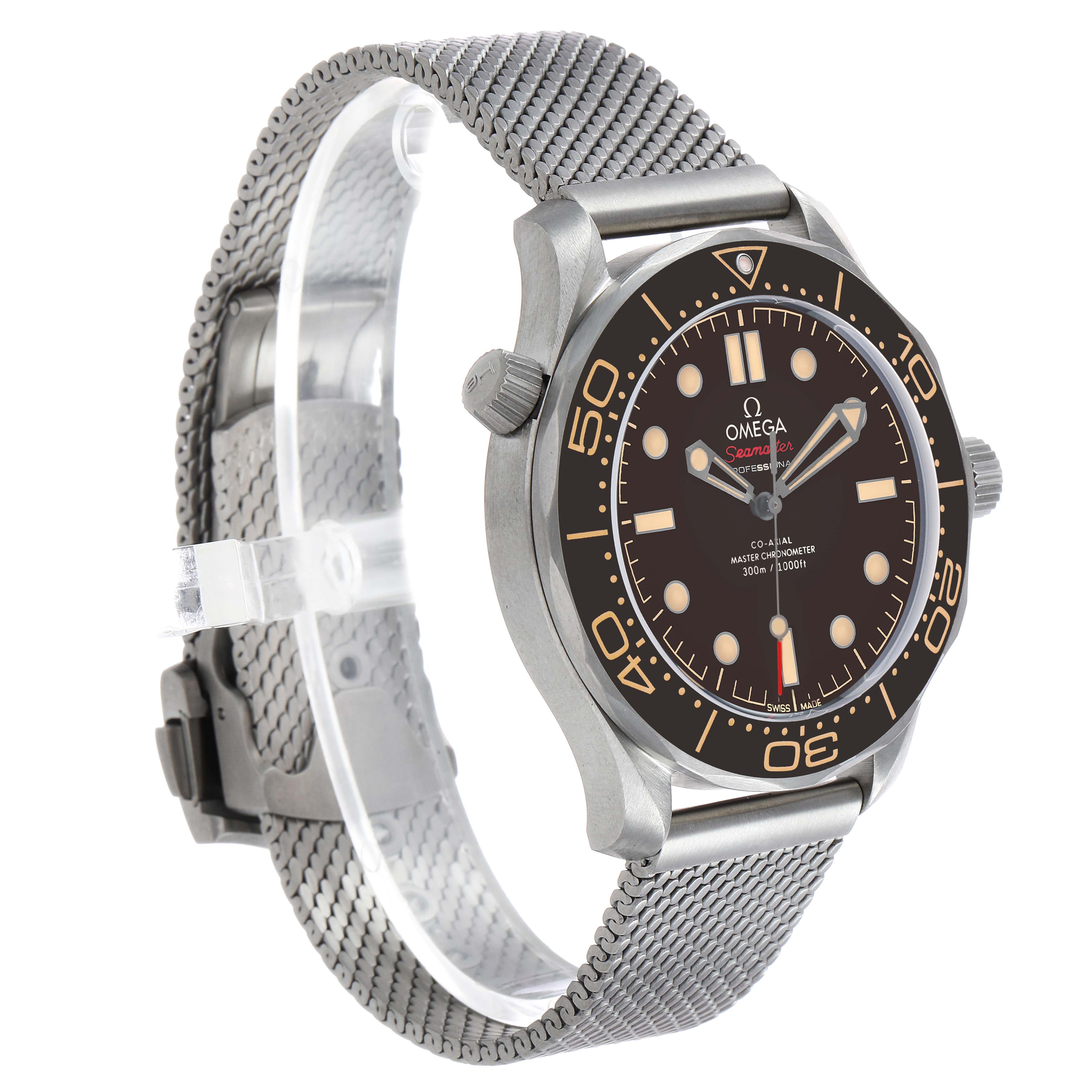 The Omega Seamaster 210.90.42.20.01.001 Men's Titanium Brown Dial watch is shown at a three-quarter angle, highlighting the face, bezel, crown, and mesh bracelet.