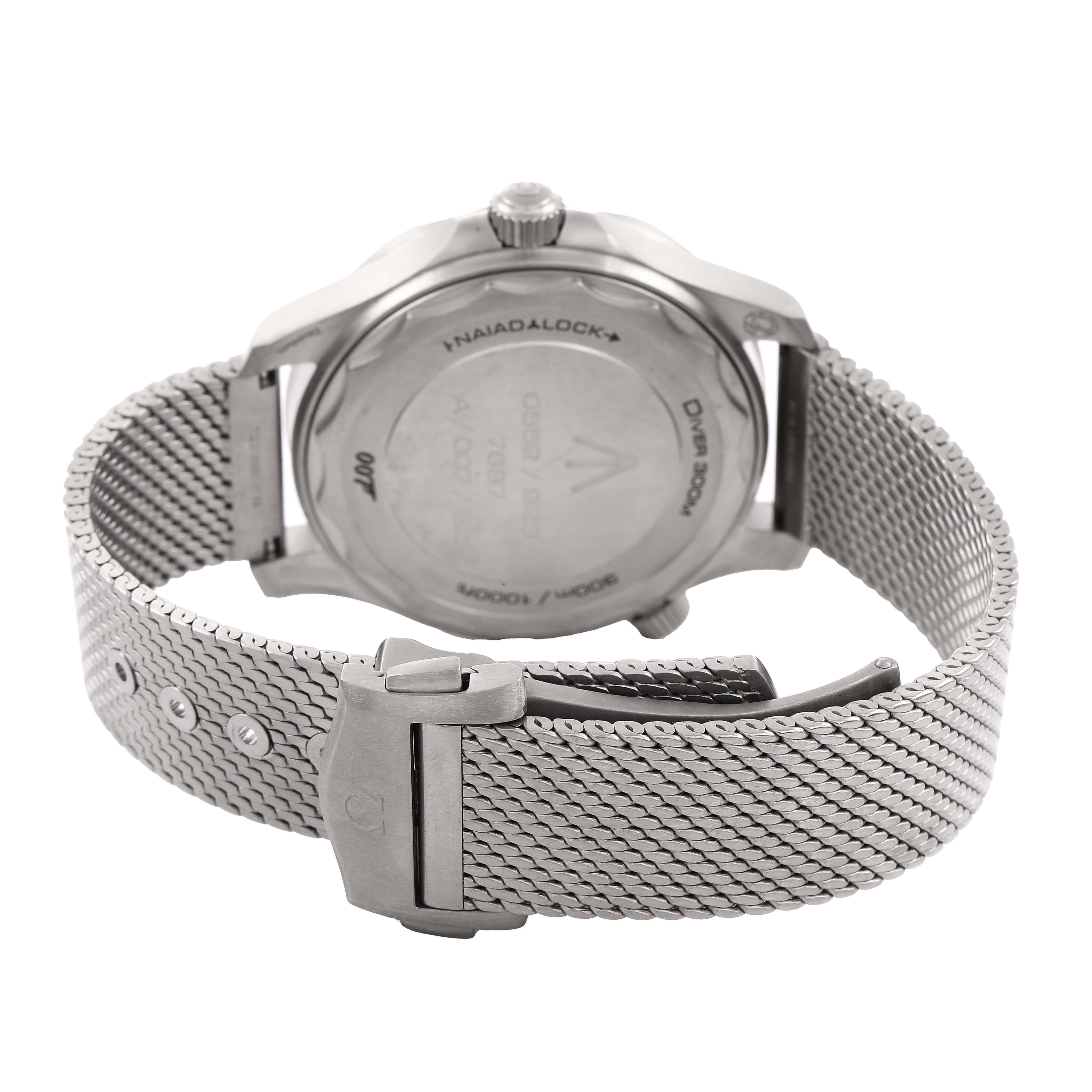 The image shows the back of the Omega Seamaster 210.90.42.20.01.001 Men's Titanium Brown Dial watch, highlighting the case back, crown, and metal mesh strap with clasp.