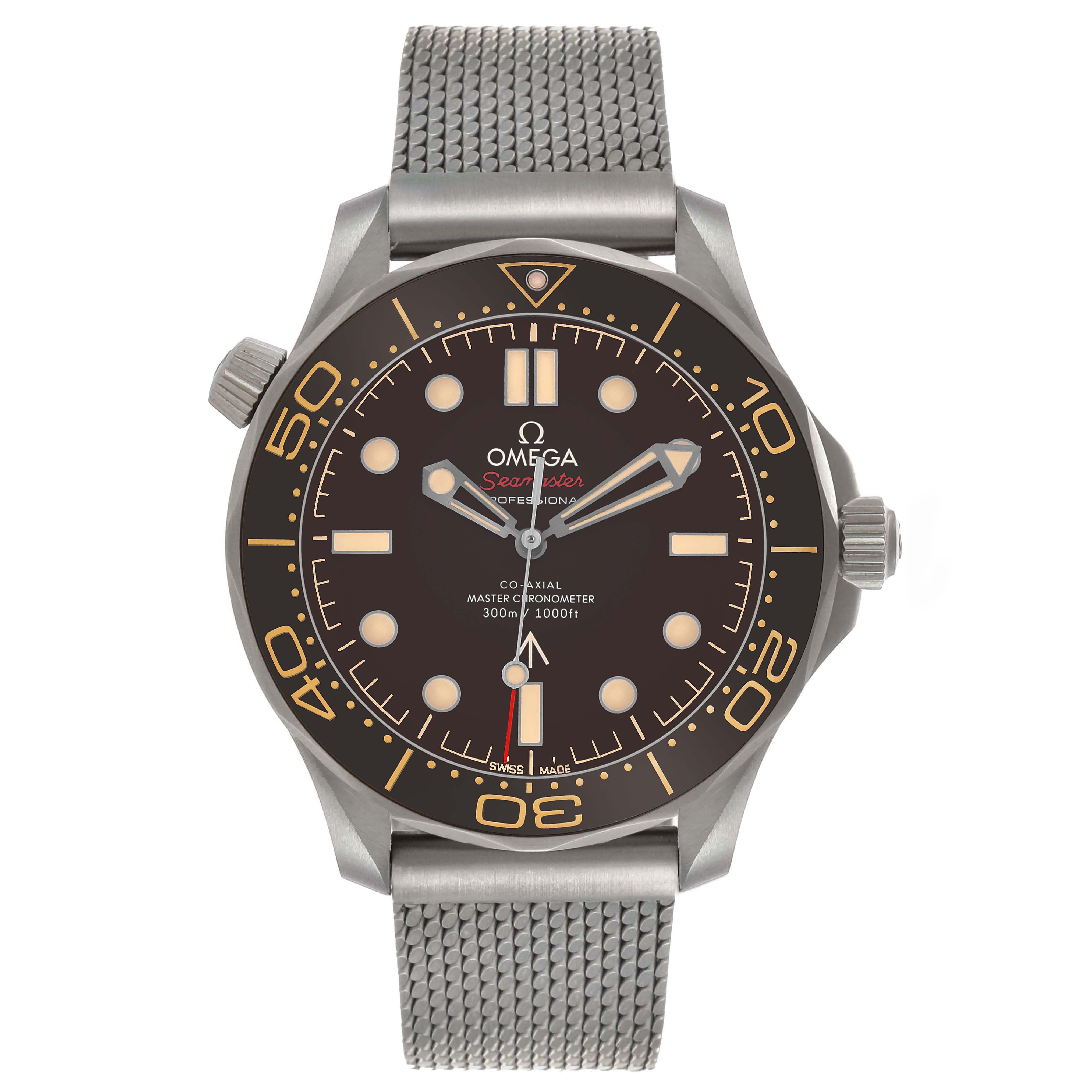 The Omega Seamaster 210.90.42.20.01.001 Men's Titanium Brown Dial watch is shown from the front, displaying the dial, bezel, and metal mesh strap.
