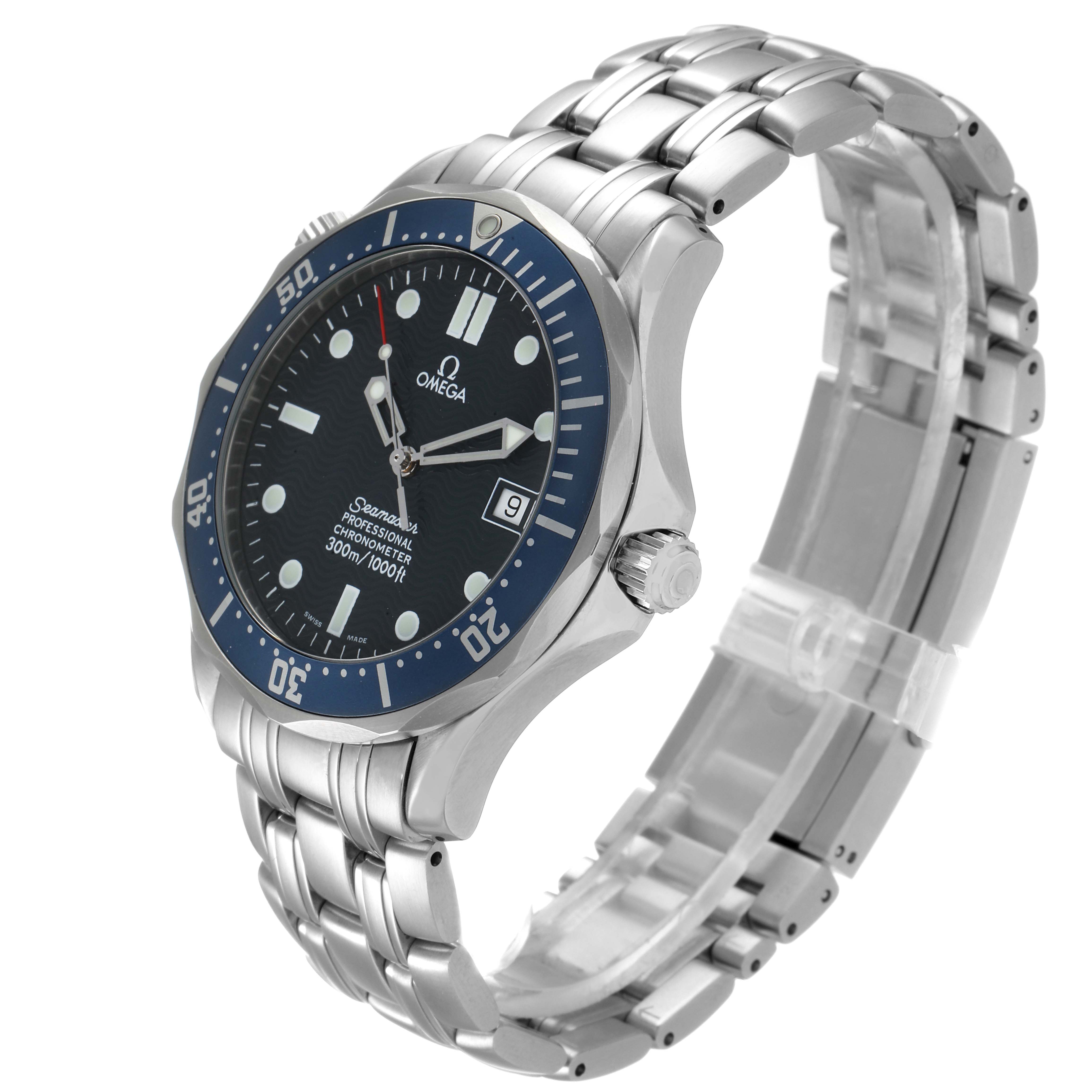 The Omega Seamaster 2531.80.00 Men
s Stainless Steel Blue Dial 2531.80.00 Men
s Stainless Steel Blue Dial model watch is shown at a three-quarter angle, displaying the face, bezel, crown, and stainless steel bracelet.