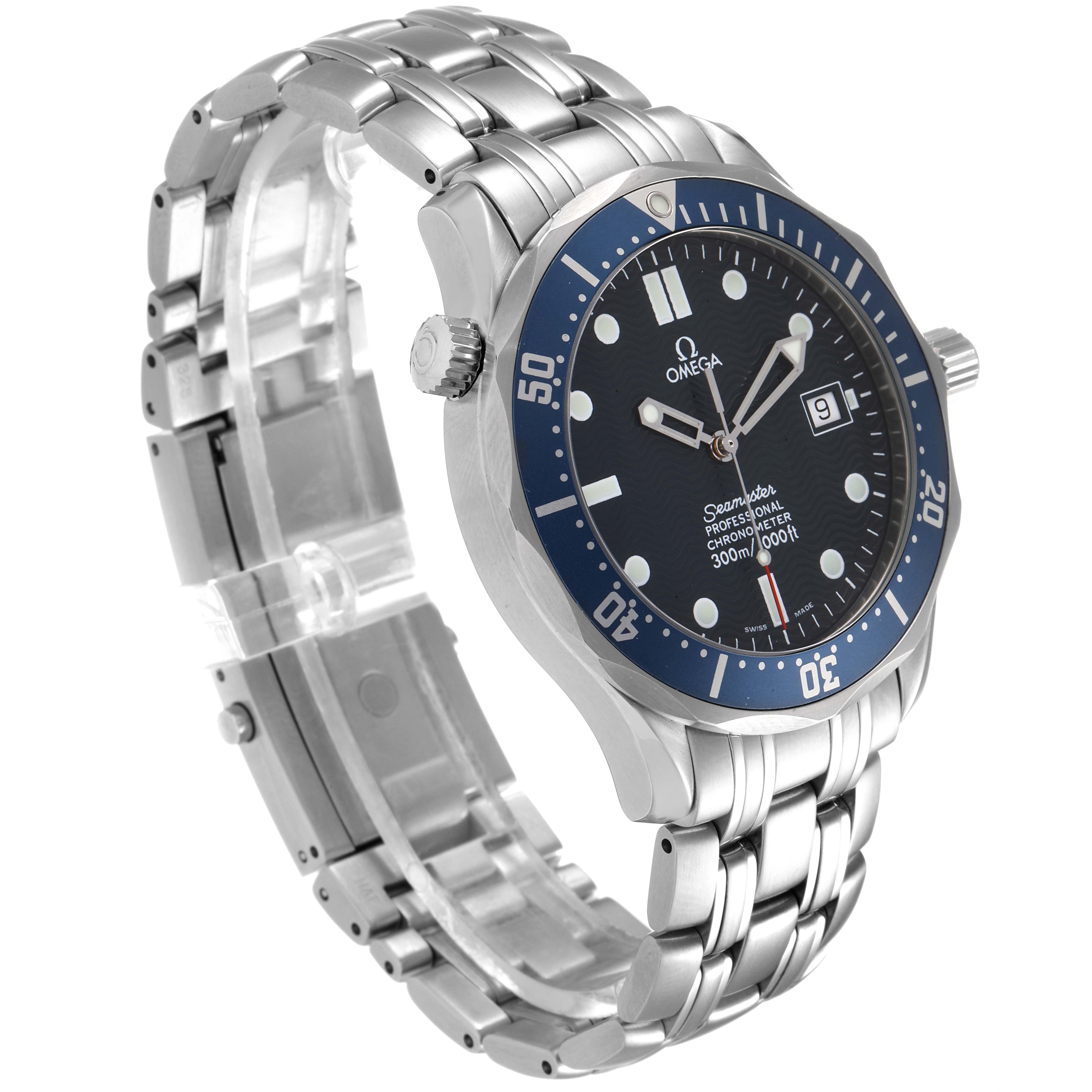 The Omega Seamaster 2531.80.00 Men
s Stainless Steel Blue Dial 2531.80.00 Men
s Stainless Steel Blue Dial watch is shown from an angled side view displaying its dial, bezel, crown, and stainless steel bracelet.