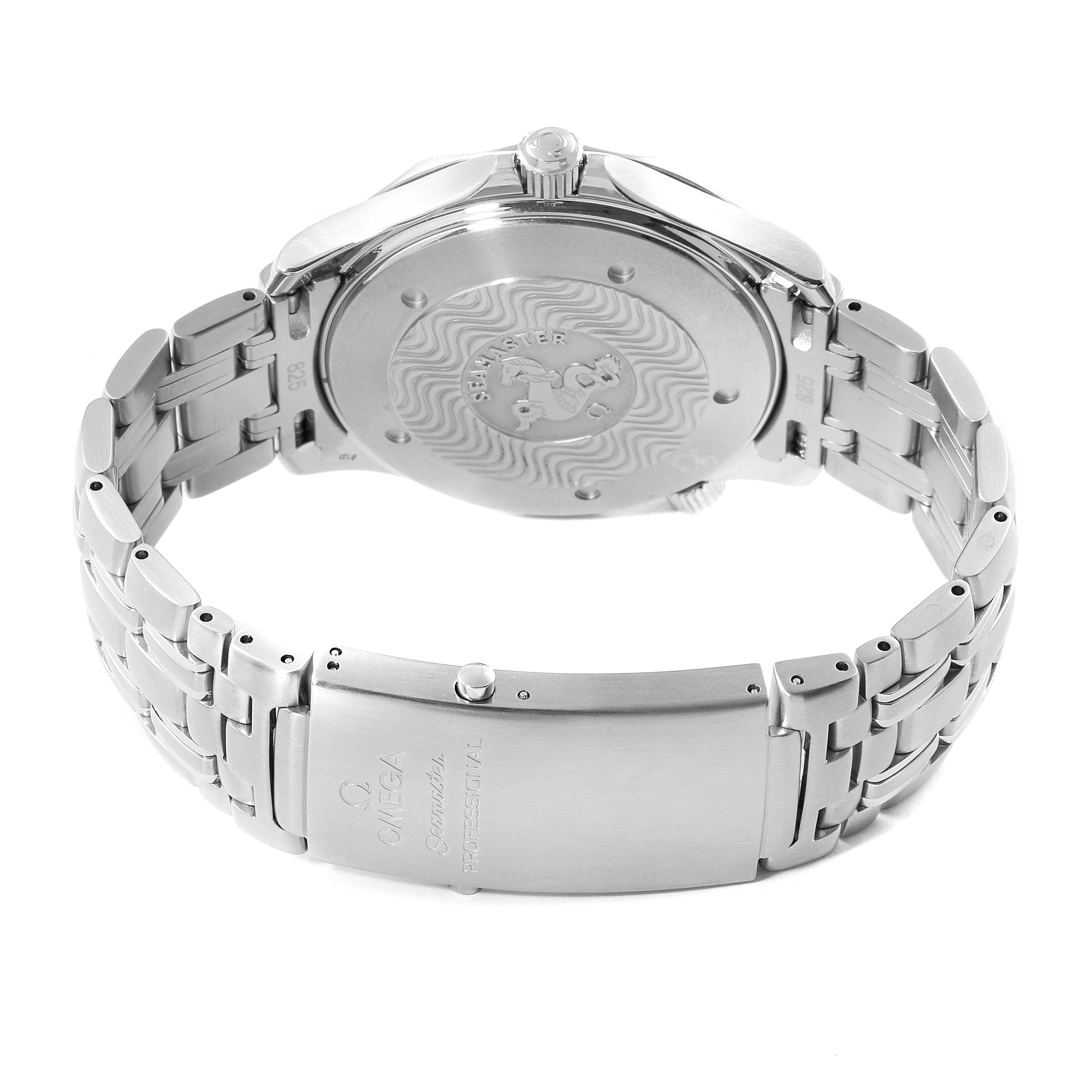 The image shows the back case and clasp of an Omega Seamaster 2531.80.00 Men
s Stainless Steel Blue Dial 2531.80.00 Men
s Stainless Steel Blue Dial watch from a rear angle.