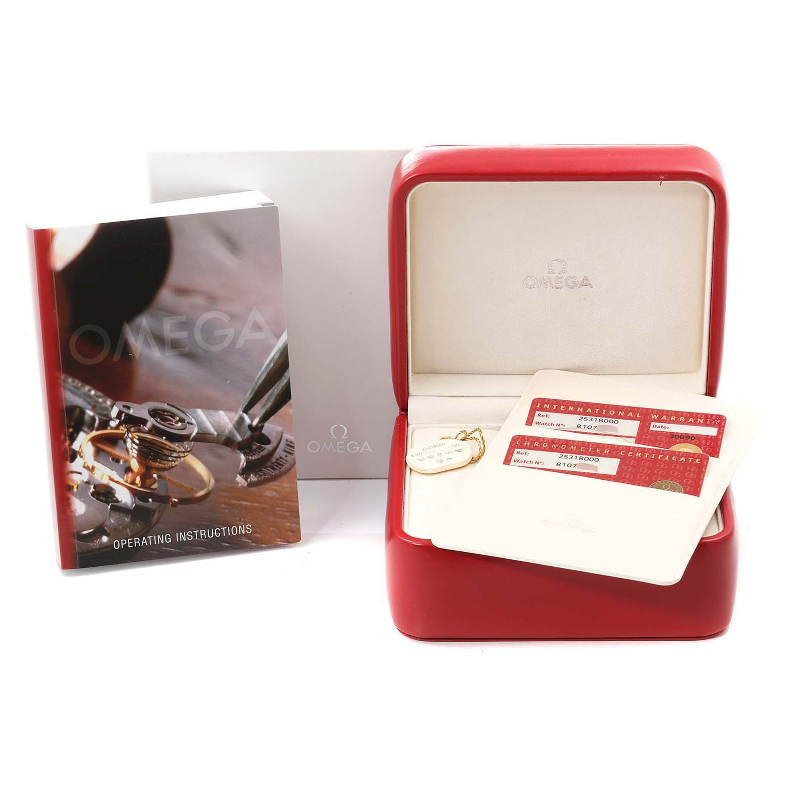 The image shows Omega Seamaster 2531.80.00 Men
s Stainless Steel Blue Dial 2531.80.00 Men
s Stainless Steel Blue Dial watch accessories including a red case, warranty cards, and an operating instructions manual.