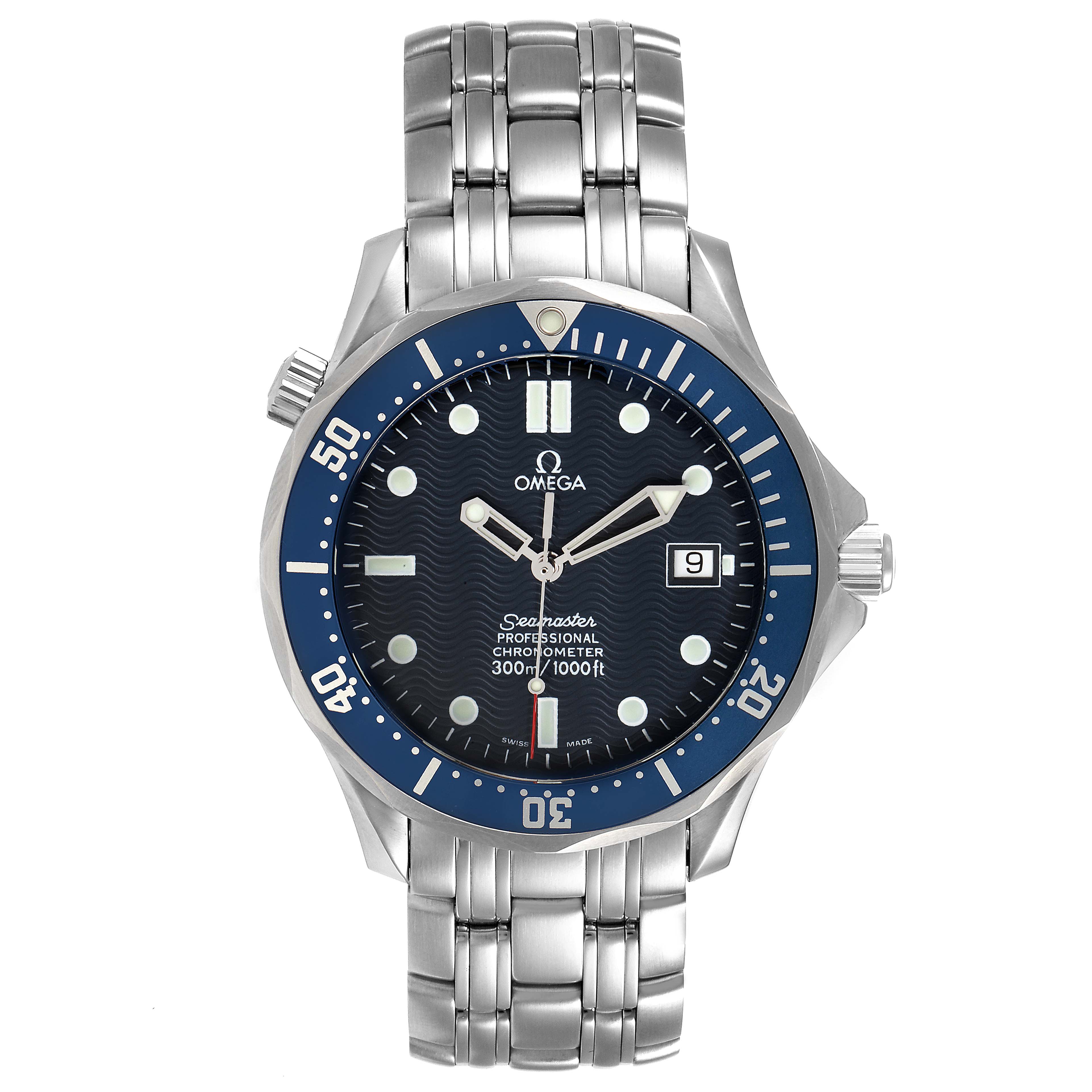 The image shows a front view of the Omega Seamaster 2531.80.00 Men
s Stainless Steel Blue Dial 2531.80.00 Men
s Stainless Steel Blue Dial watch, featuring its dial, bezel, and stainless steel bracelet.