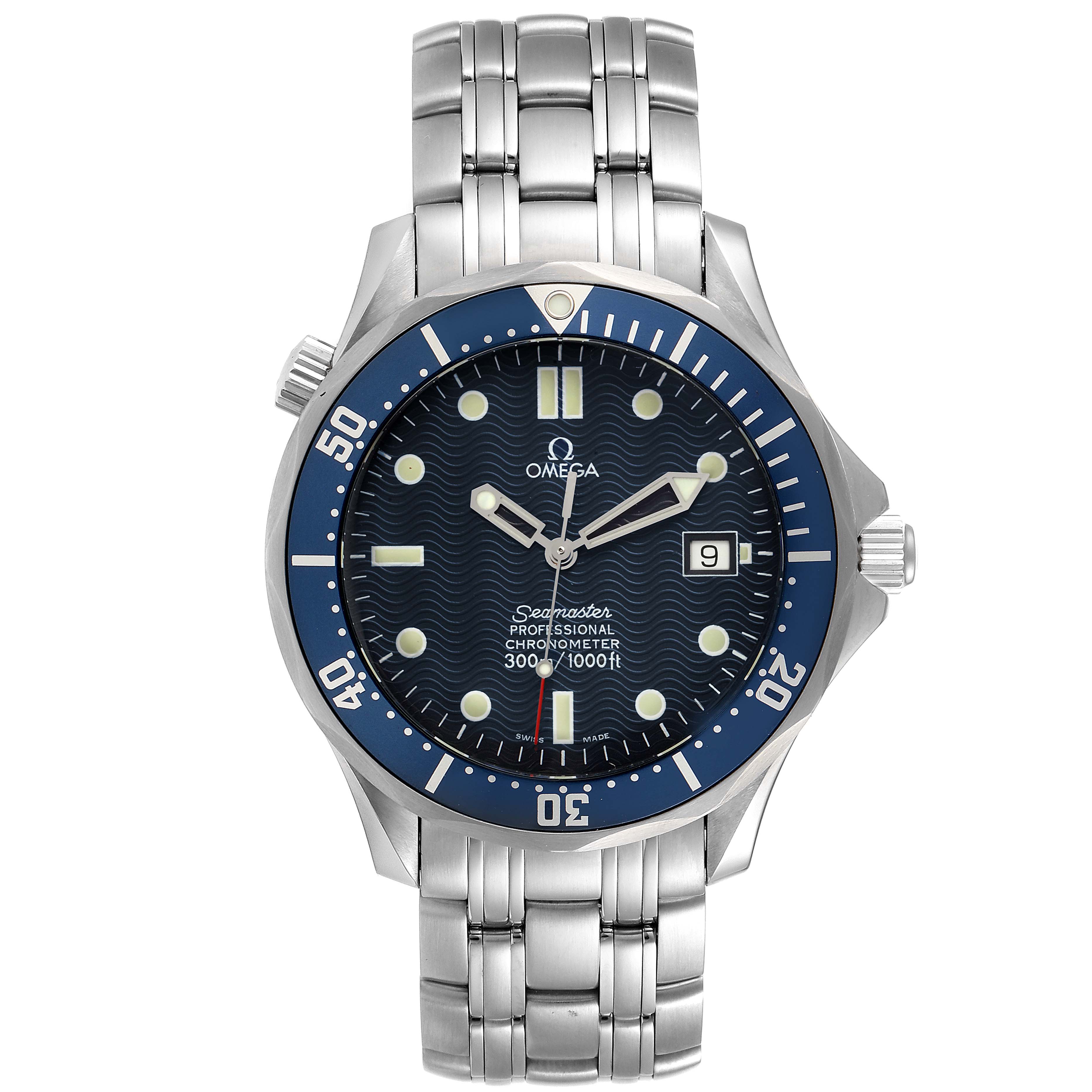 The image shows a front-facing view of an Omega Seamaster 2531.80.00 Men
s Stainless Steel Blue Dial 2531.80.00 Men
s Stainless Steel Blue Dial watch, featuring its dial, bezel, and stainless steel bracelet.