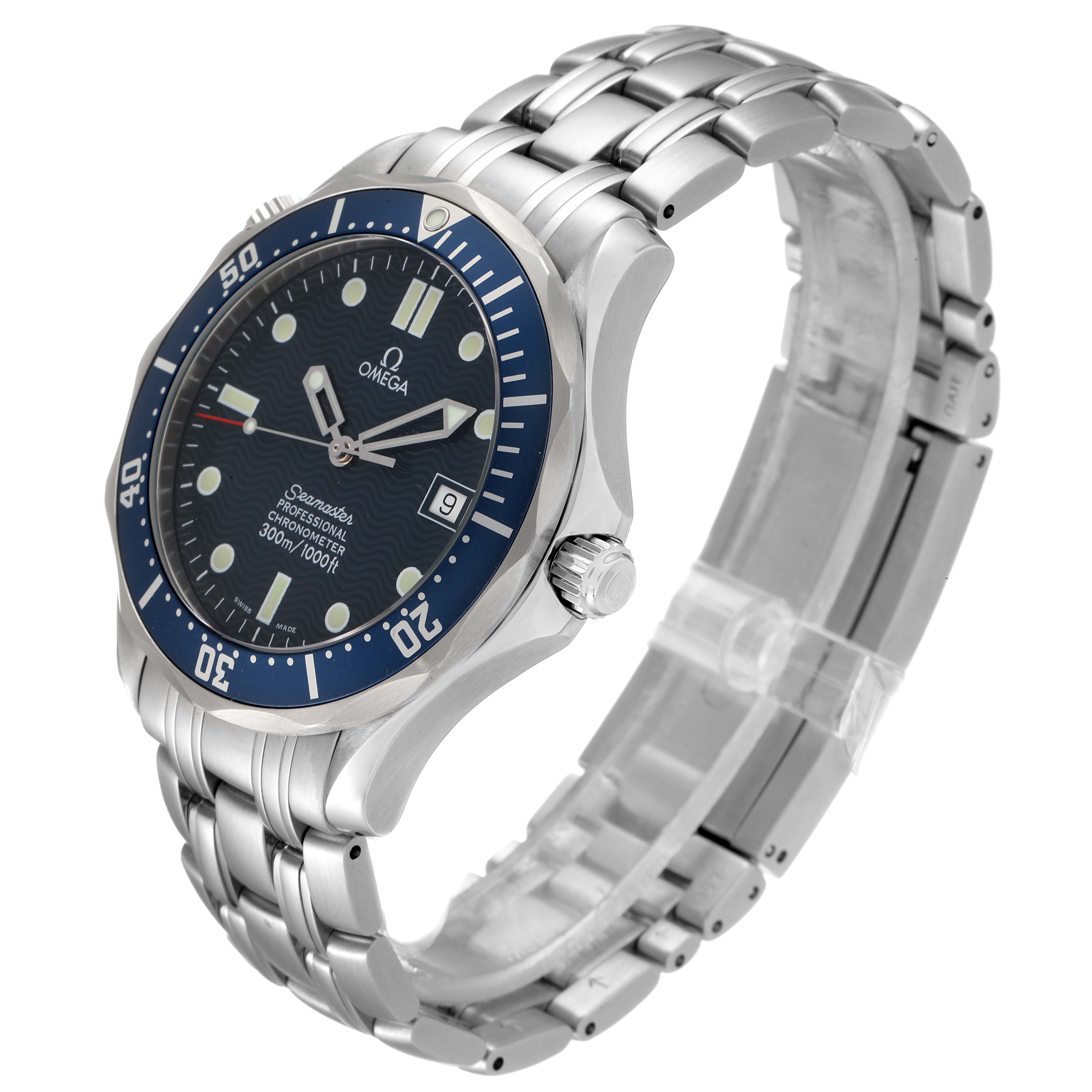 The Omega Seamaster 2531.80.00 Men
s Stainless Steel Blue Dial 2531.80.00 Men
s Stainless Steel Blue Dial watch is shown at a three-quarter angle, displaying the face, bezel, and stainless steel bracelet.
