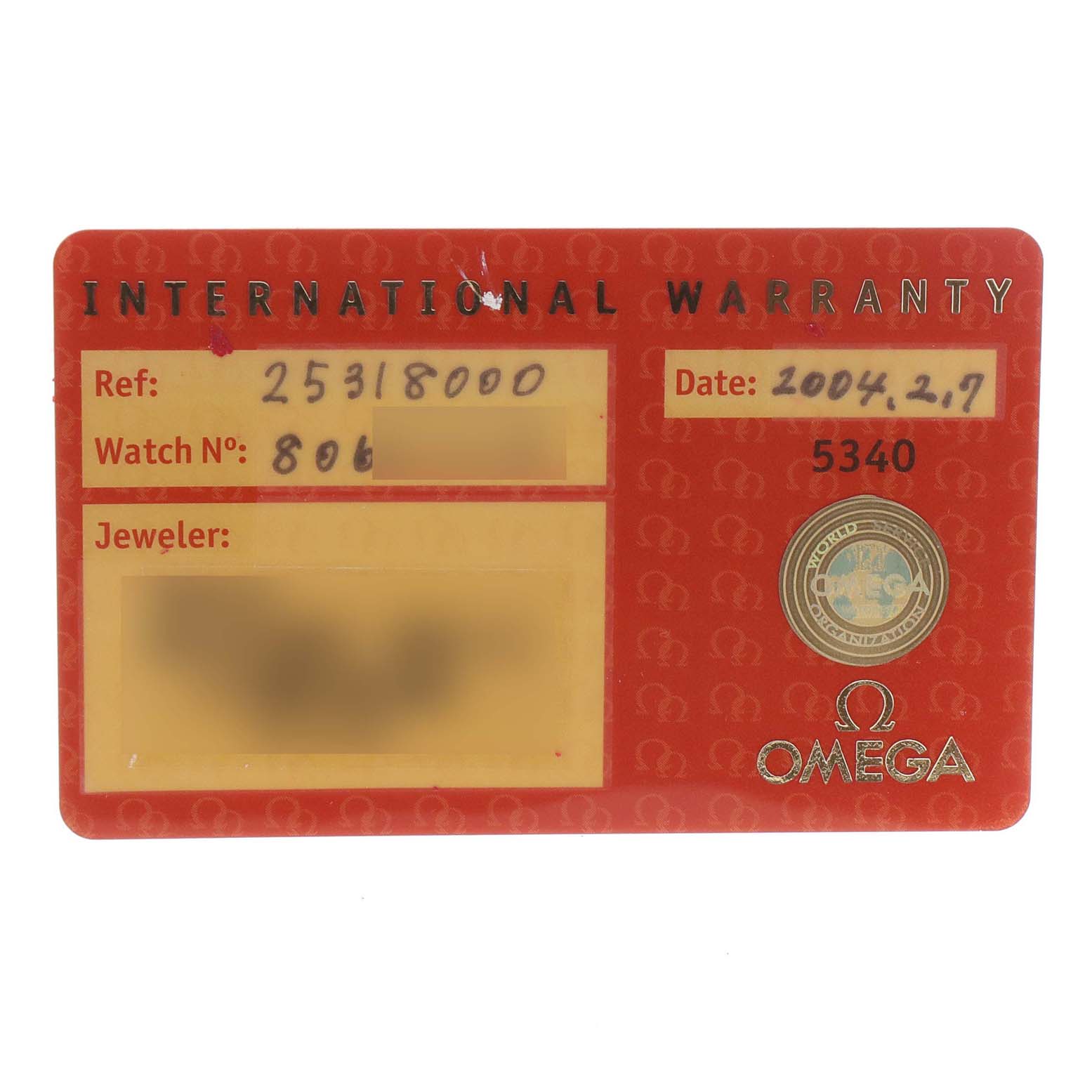 This image shows the International Warranty card for an Omega Seamaster 2531.80.00 Men
s Stainless Steel Blue Dial 2531.80.00 Men
s Stainless Steel Blue Dial watch, displaying the ref number, date, and branding.