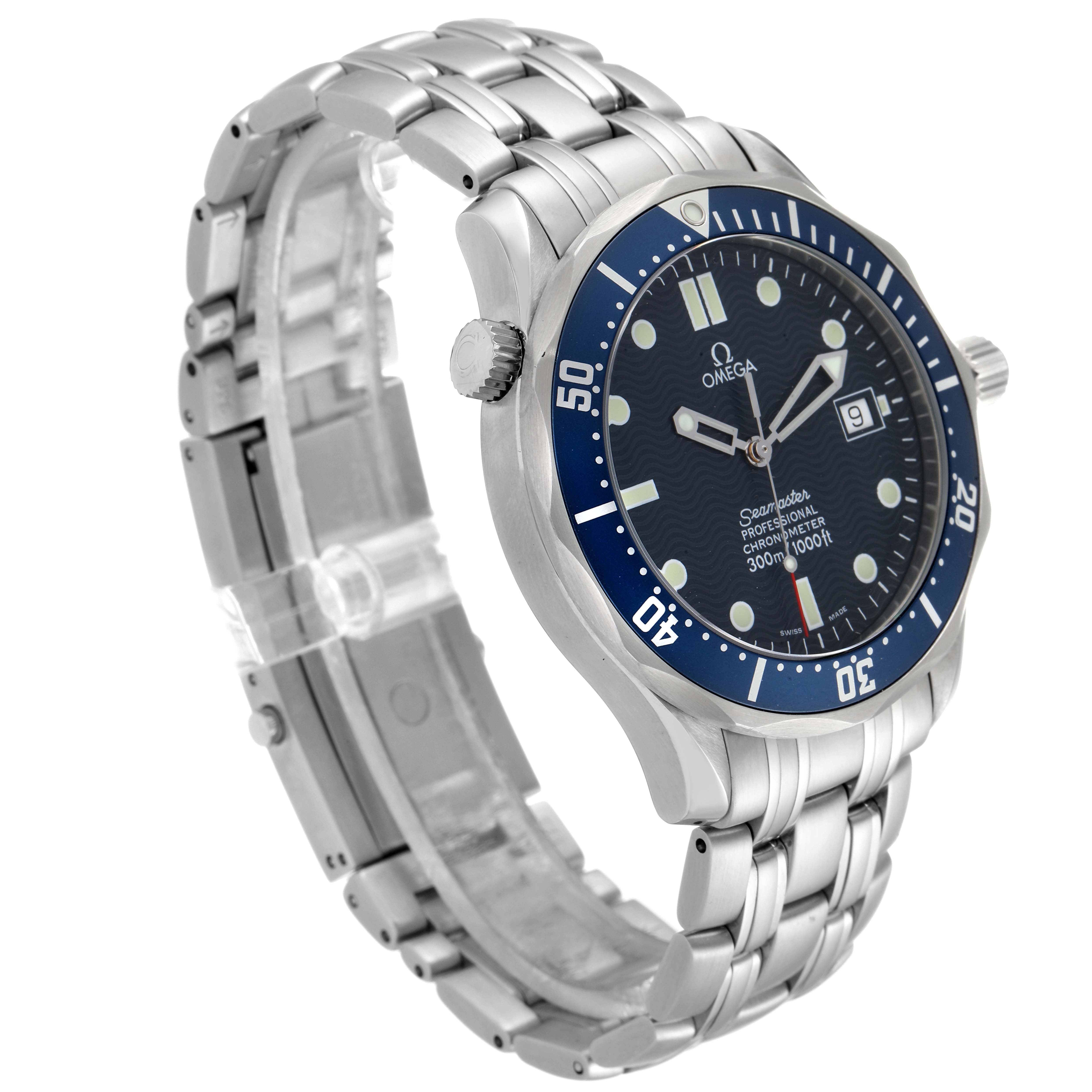 The image shows an angled view of an Omega Seamaster 2531.80.00 Men
s Stainless Steel Blue Dial 2531.80.00 Men
s Stainless Steel Blue Dial watch, highlighting the dial, bezel, crown, and stainless steel bracelet.