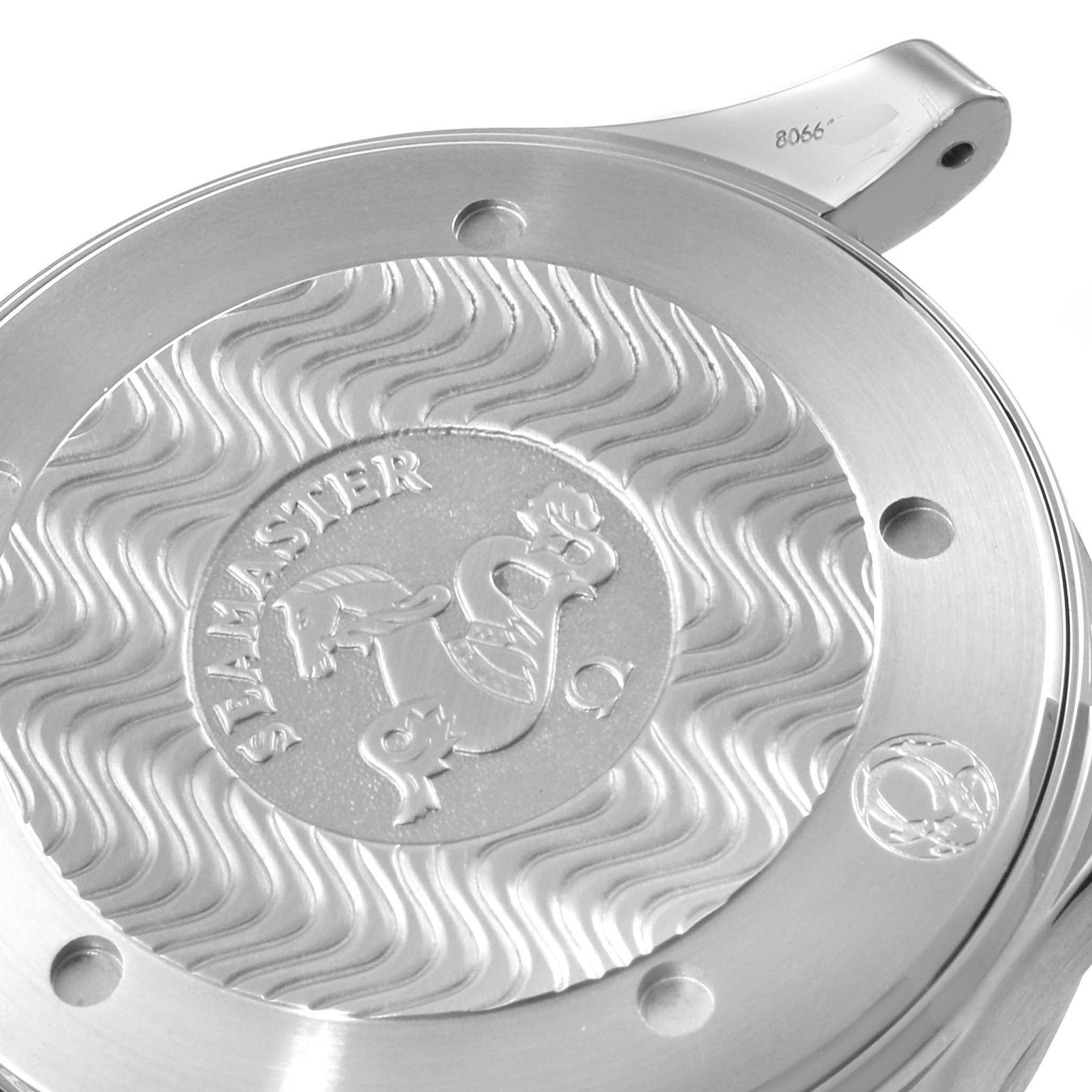 The image shows a close-up of the case back, crown, and serial number of an Omega Seamaster 2531.80.00 Men
s Stainless Steel Blue Dial 2531.80.00 Men
s Stainless Steel Blue Dial watch.