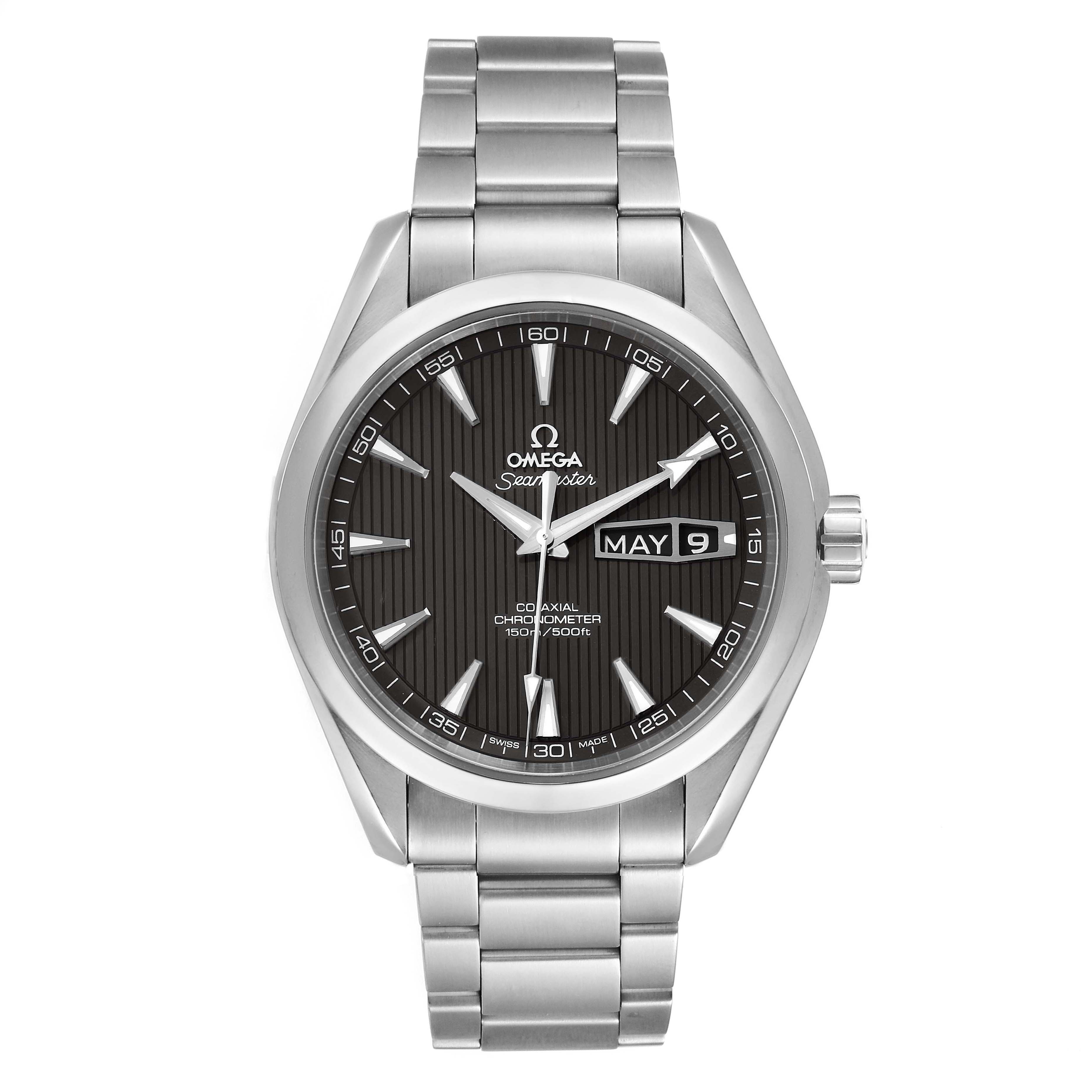 The image shows the front view of the Omega Aqua Terra 231.10.42.21.06.001 Men
s Stainless Steel Grey Dial 231.10.42.21.06.001 Men
s Stainless Steel Grey Dial watch displaying its dial, date, and bracelet.