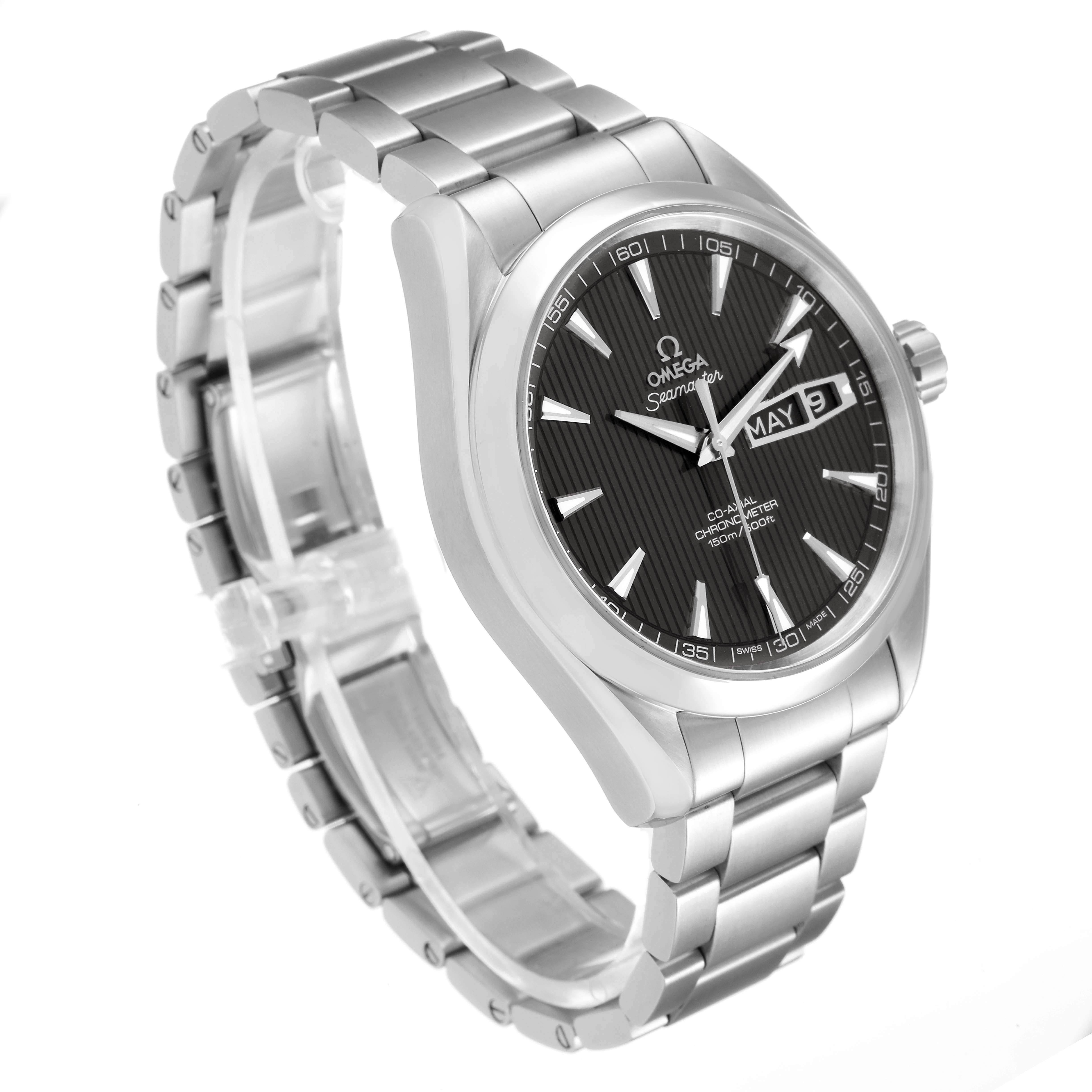 The image shows an Omega Aqua Terra 231.10.42.21.06.001 Men
s Stainless Steel Grey Dial 231.10.42.21.06.001 Men
s Stainless Steel Grey Dial watch at an angled view, highlighting the face, bezel, and metal bracelet.