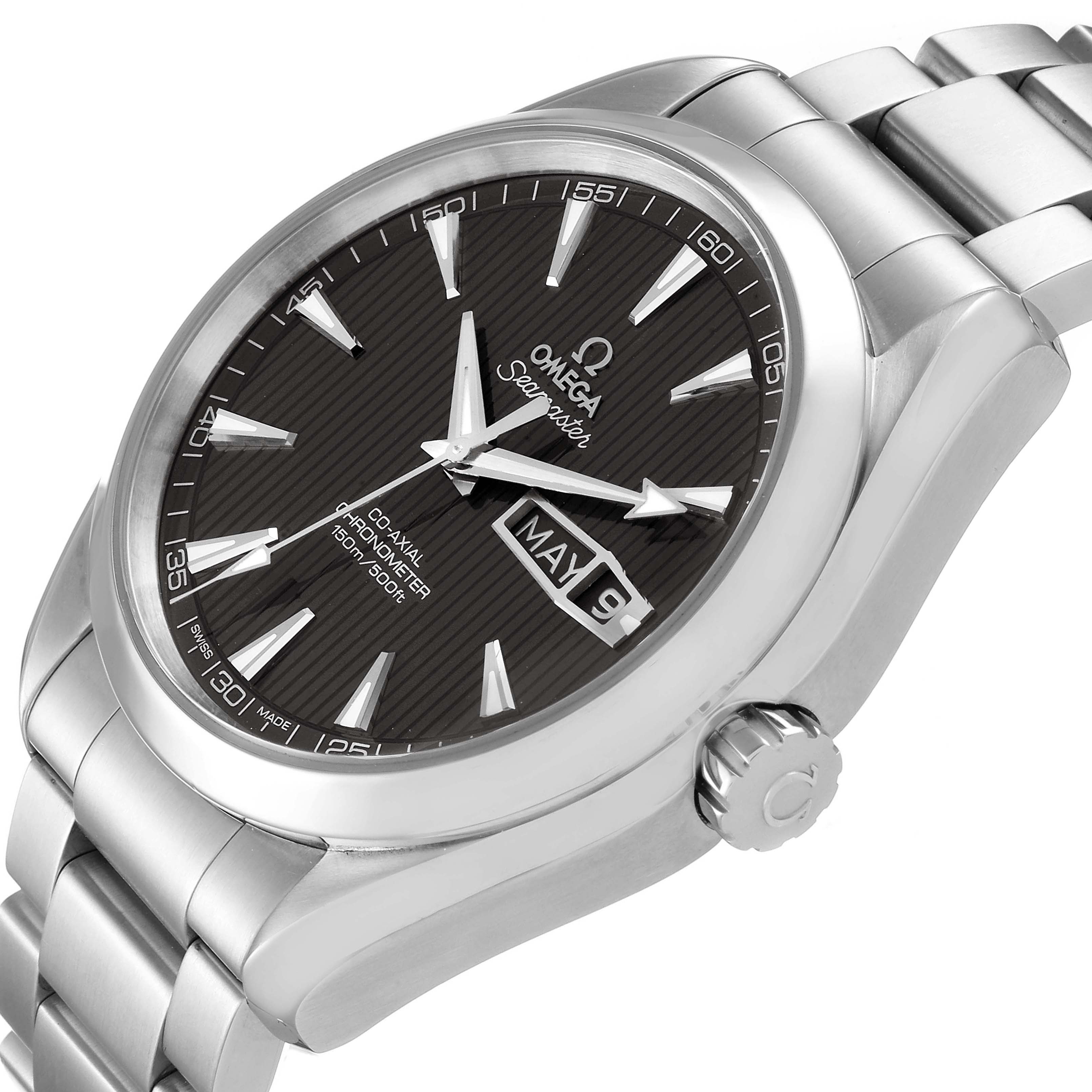 The image shows an angled view of the Omega Aqua Terra 231.10.42.21.06.001 Men
s Stainless Steel Grey Dial 231.10.42.21.06.001 Men
s Stainless Steel Grey Dial watch, displaying its face, bezel, crown, and part of the bracelet.