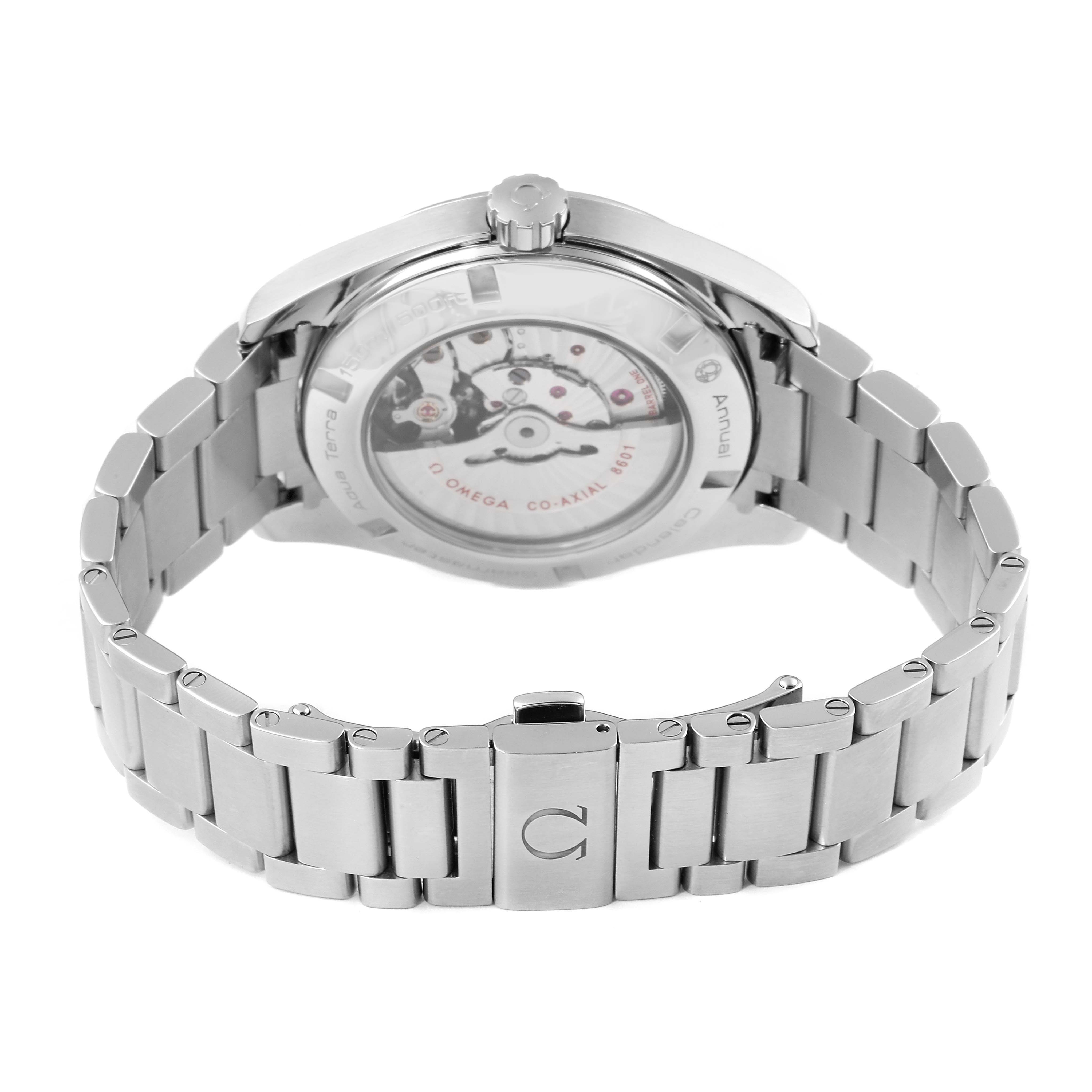 The image shows the back view of an Omega Aqua Terra 231.10.42.21.06.001 Men
s Stainless Steel Grey Dial 231.10.42.21.06.001 Men
s Stainless Steel Grey Dial watch, displaying its movement and stainless steel bracelet.