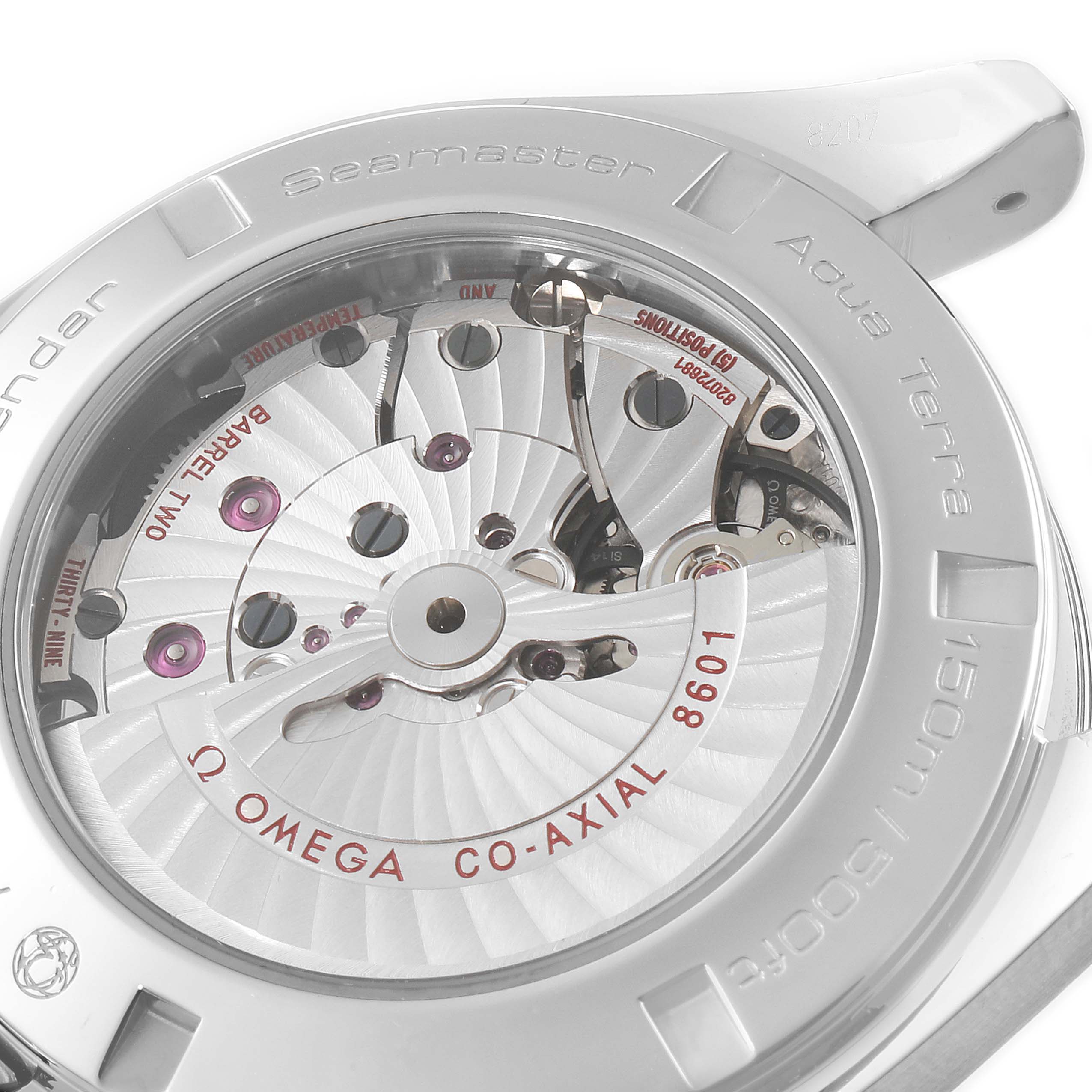 The image shows a detailed view of the Omega Aqua Terra 231.10.42.21.06.001 Men
s Stainless Steel Grey Dial 231.10.42.21.06.001 Men
s Stainless Steel Grey Dial watch
s exposed co-axial movement from the back.