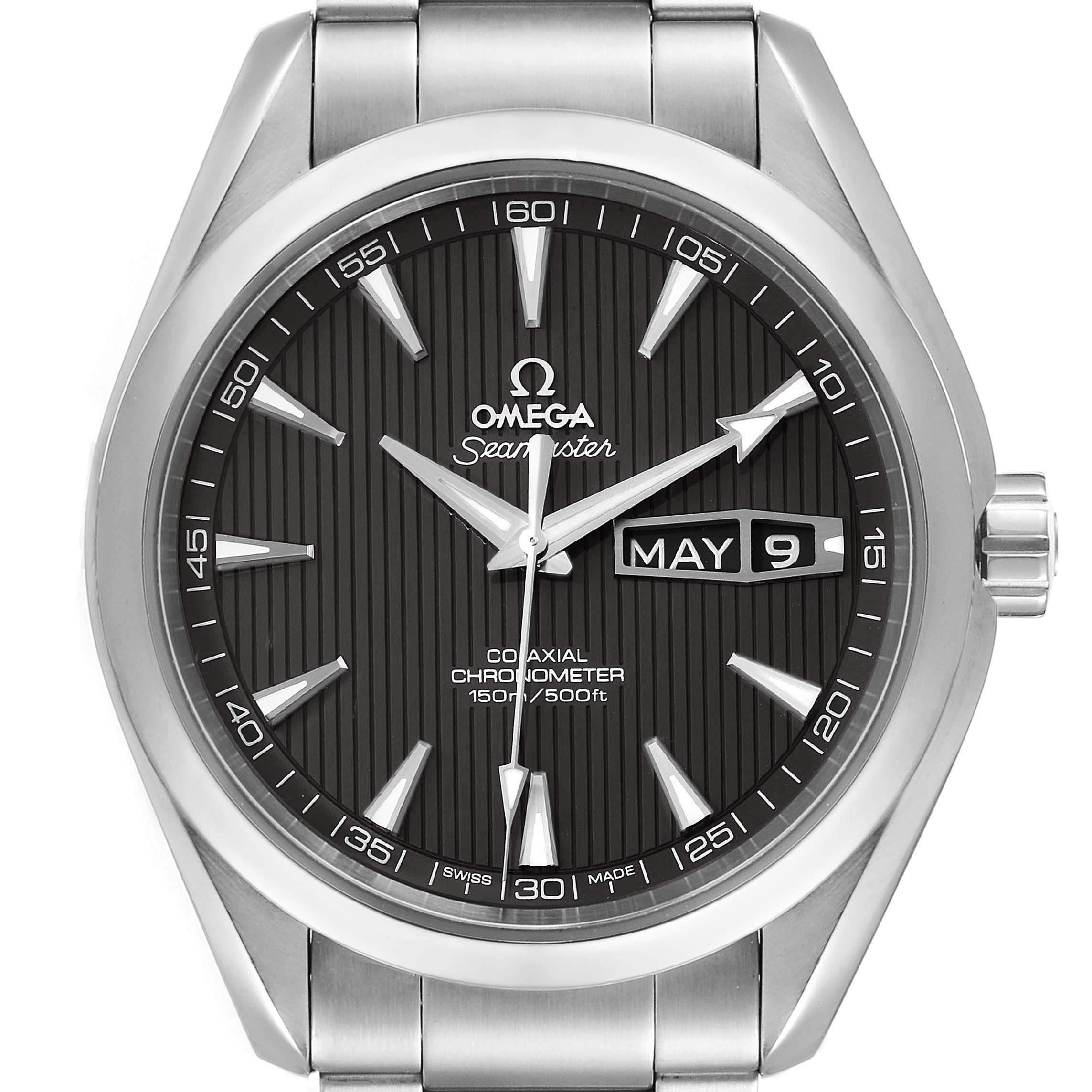 The Omega Aqua Terra 231.10.42.21.06.001 Men
s Stainless Steel Grey Dial 231.10.42.21.06.001 Men
s Stainless Steel Grey Dial watch is shown from a front angle displaying the dial, hour markers, hands, and date function.