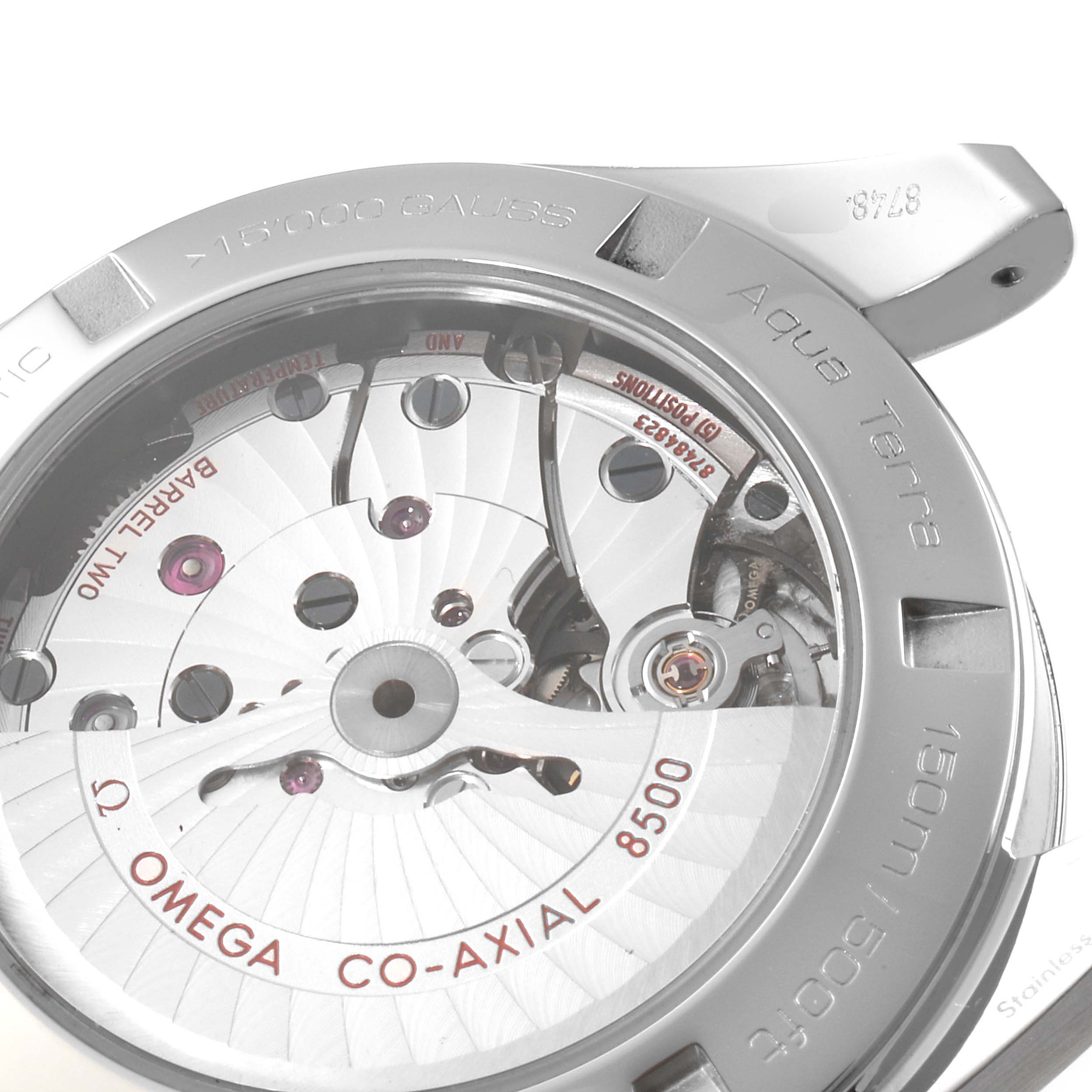 This image shows the back view of the Omega Aqua Terra 231.10.42.21.03.003 Men
s Stainless Steel Blue Dial 231.10.42.21.03.003 Men
s Stainless Steel Blue Dial watch, revealing the internal mechanical movement parts labeled "Co-Axial 8500."