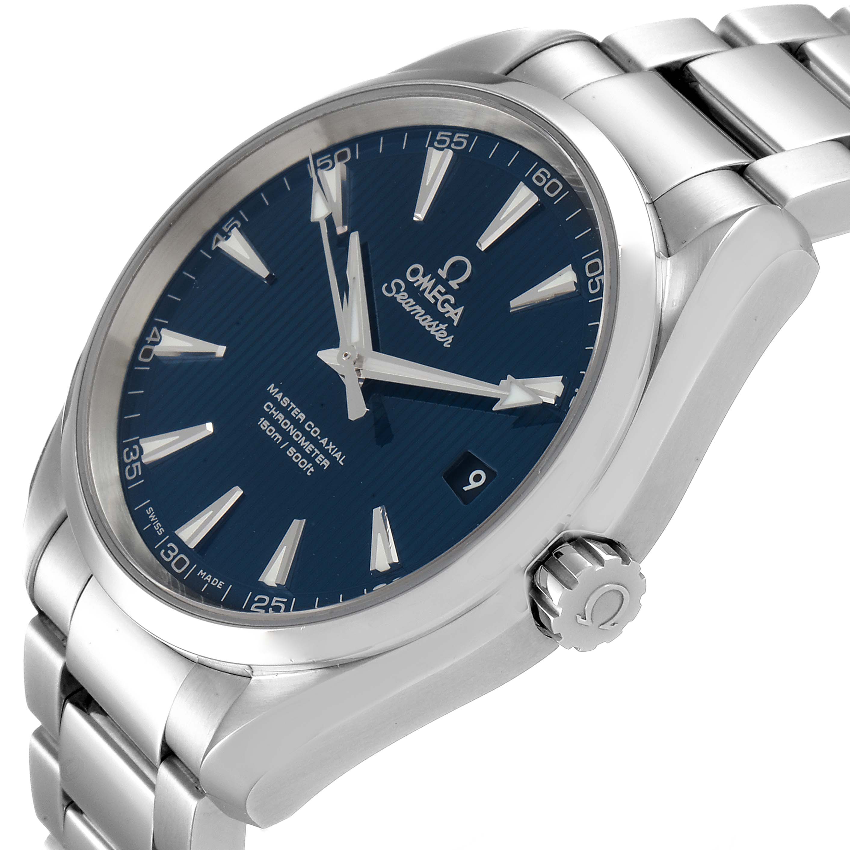 The Aqua Terra model by Omega is shown at an angle, displaying the dial, crown, and metal bracelet.