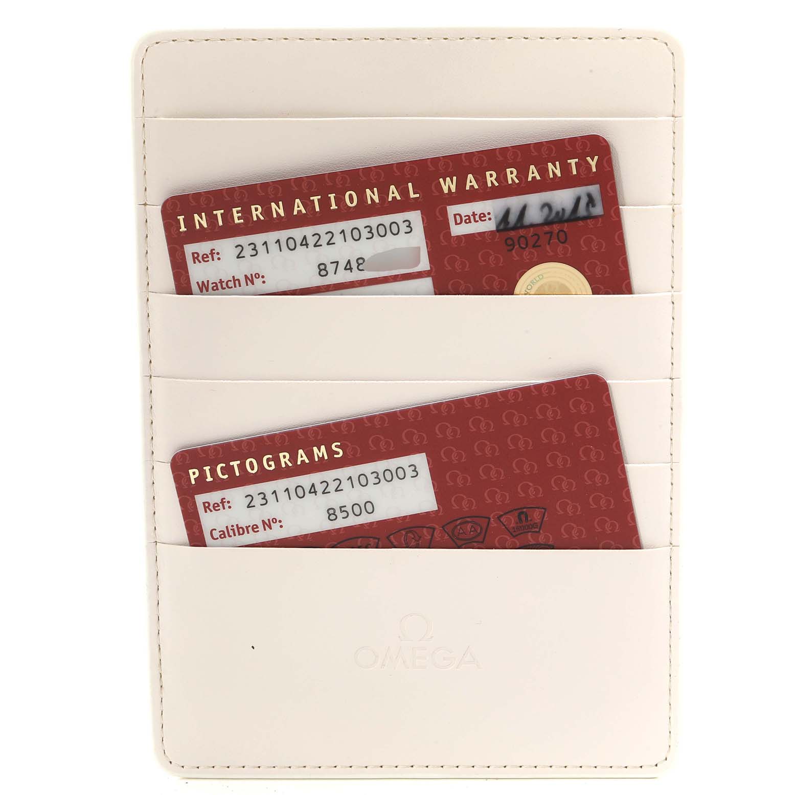 The image shows the International Warranty and Pictograms cards for the Omega Aqua Terra 231.10.42.21.03.003 Men
s Stainless Steel Blue Dial 231.10.42.21.03.003 Men
s Stainless Steel Blue Dial watch model in a cardholder.