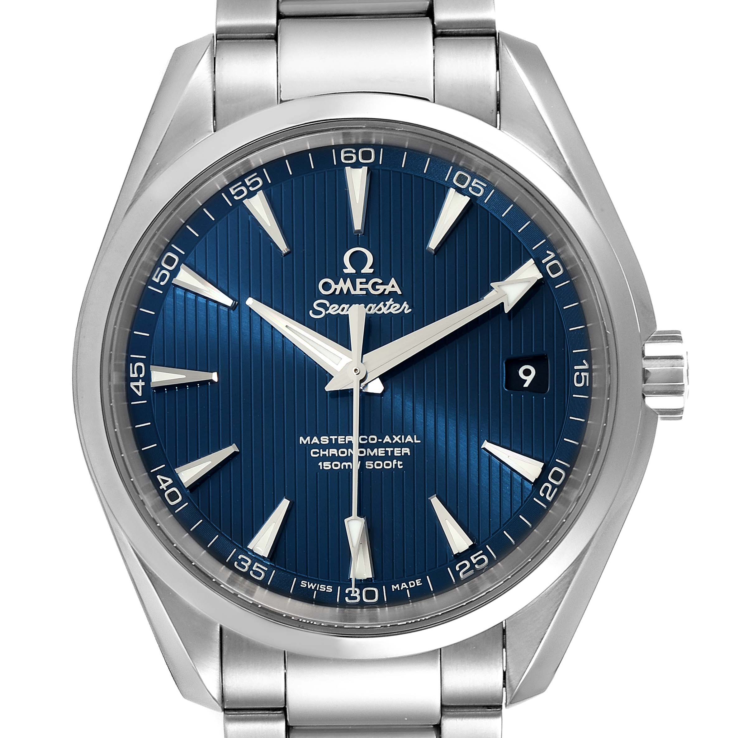 The image shows a front view of an Omega Aqua Terra 231.10.42.21.03.003 Men
s Stainless Steel Blue Dial 231.10.42.21.03.003 Men
s Stainless Steel Blue Dial watch with a blue dial, stainless steel case, and bracelet.