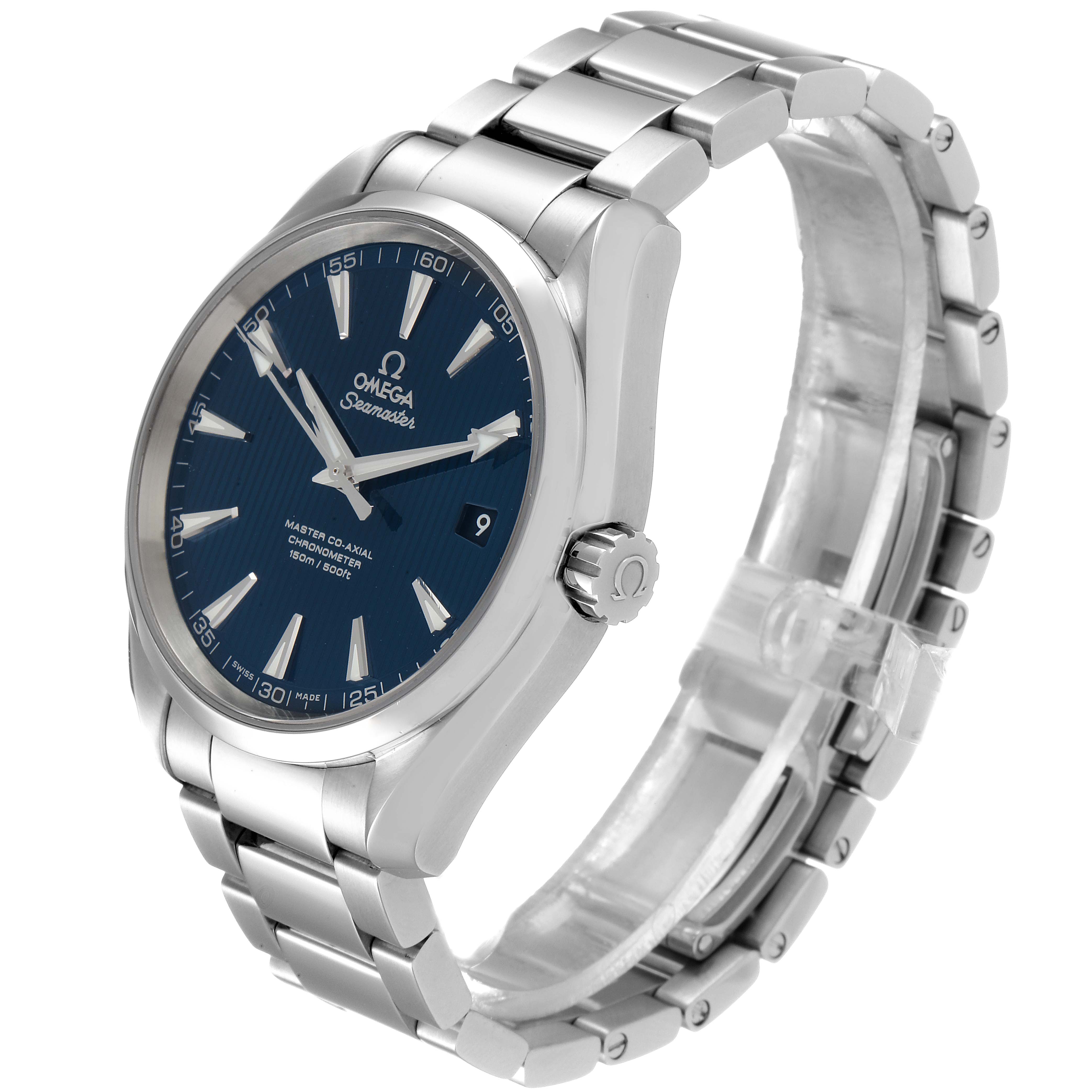 This Omega Aqua Terra 231.10.42.21.03.003 Men
s Stainless Steel Blue Dial 231.10.42.21.03.003 Men
s Stainless Steel Blue Dial watch is shown at an angled view, displaying its blue dial, stainless steel bracelet, and crown.