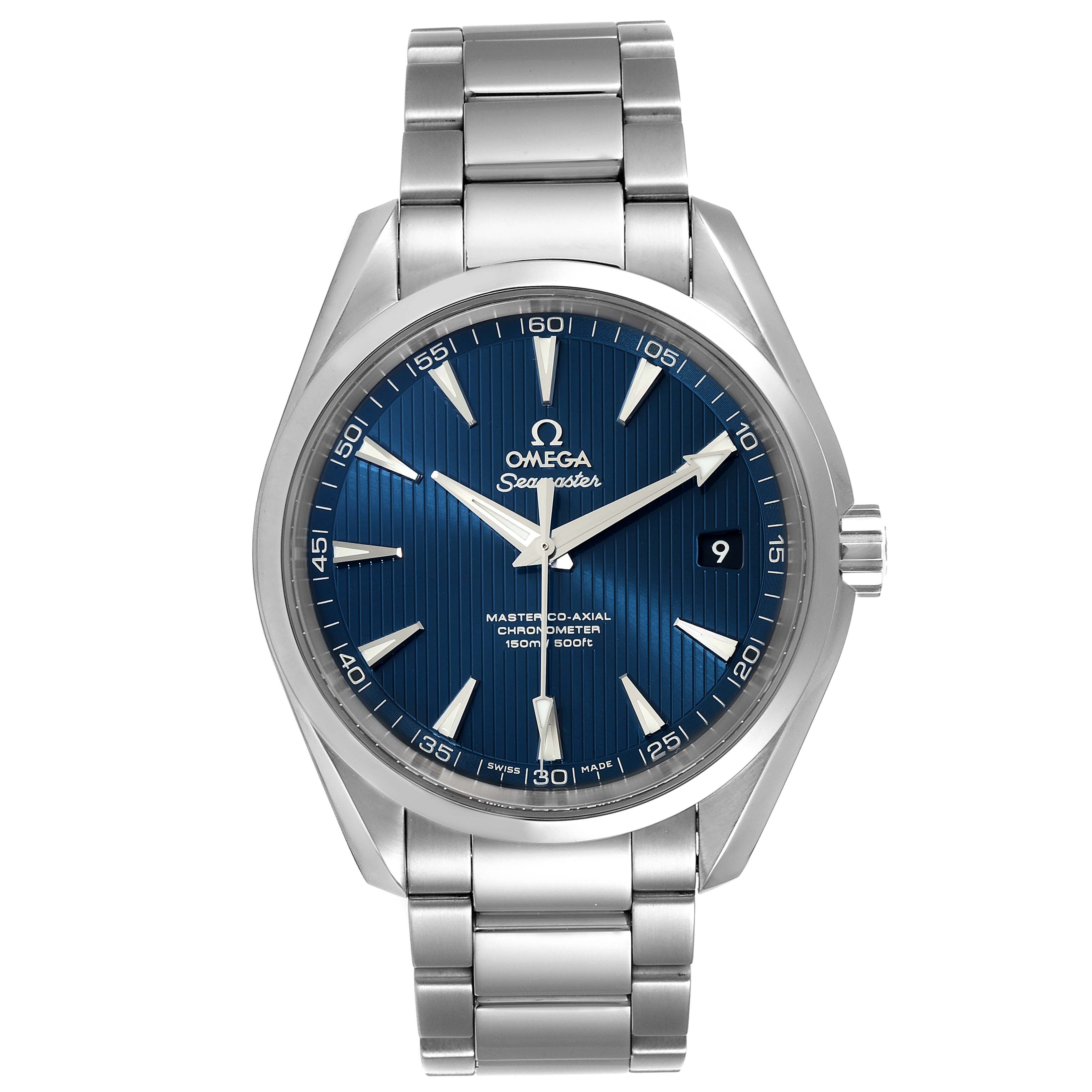 This image shows a frontal view of the Omega Aqua Terra 231.10.42.21.03.003 Men
s Stainless Steel Blue Dial 231.10.42.21.03.003 Men
s Stainless Steel Blue Dial watch, highlighting its blue dial and stainless steel bracelet.