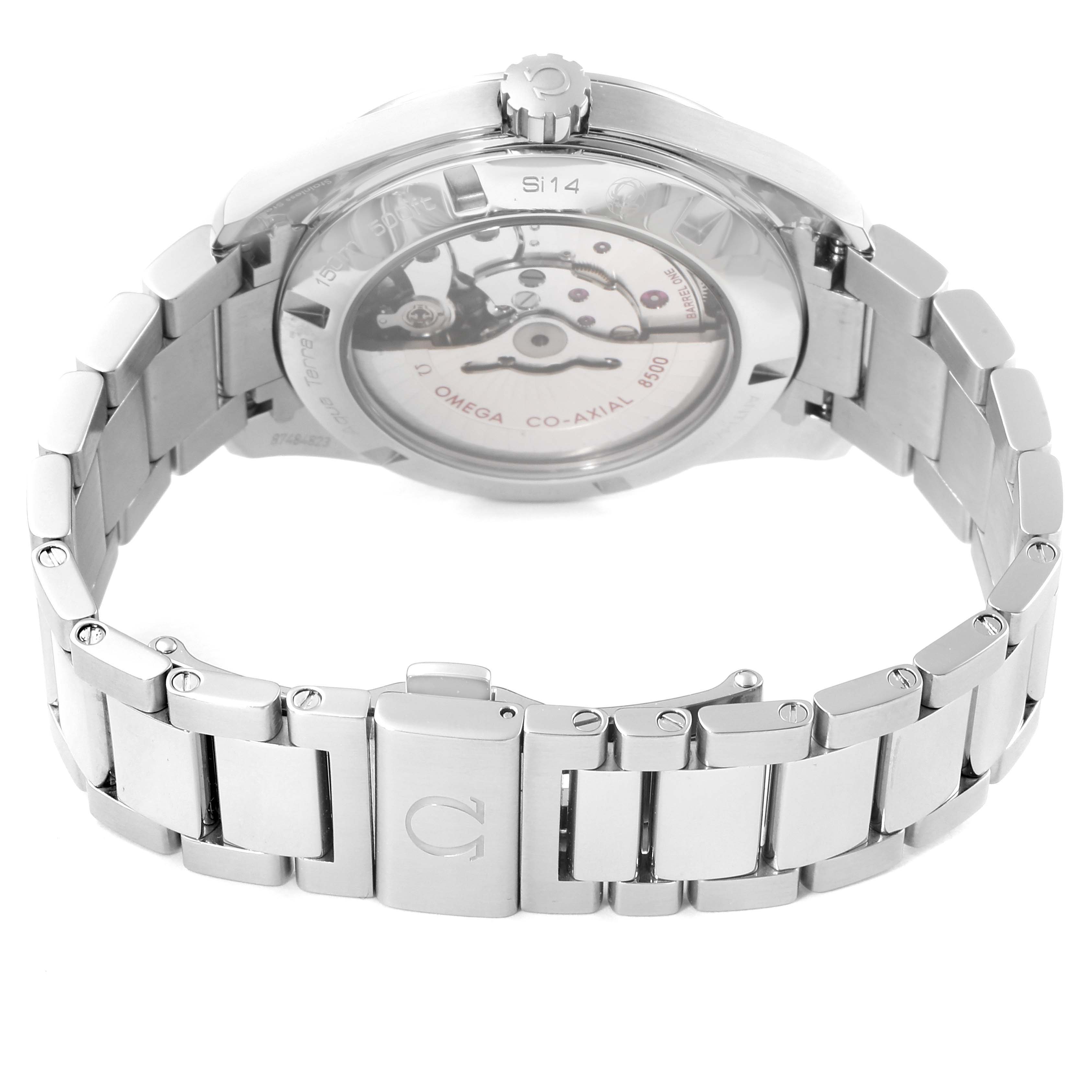 This image shows the back view of the Omega Aqua Terra 231.10.42.21.03.003 Men
s Stainless Steel Blue Dial 231.10.42.21.03.003 Men
s Stainless Steel Blue Dial watch, highlighting its movement and stainless steel bracelet.