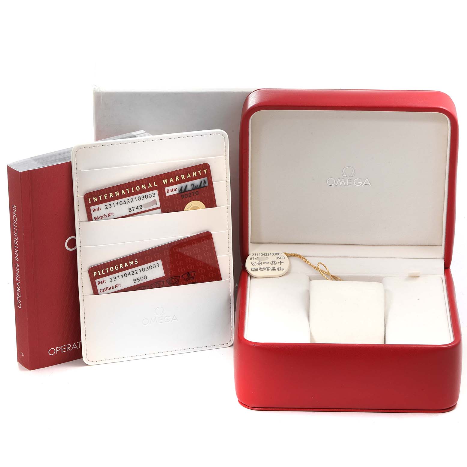 The image shows the packaging, warranty cards, operating instructions, and case for the Omega Aqua Terra 231.10.42.21.03.003 Men
s Stainless Steel Blue Dial 231.10.42.21.03.003 Men
s Stainless Steel Blue Dial watch model.