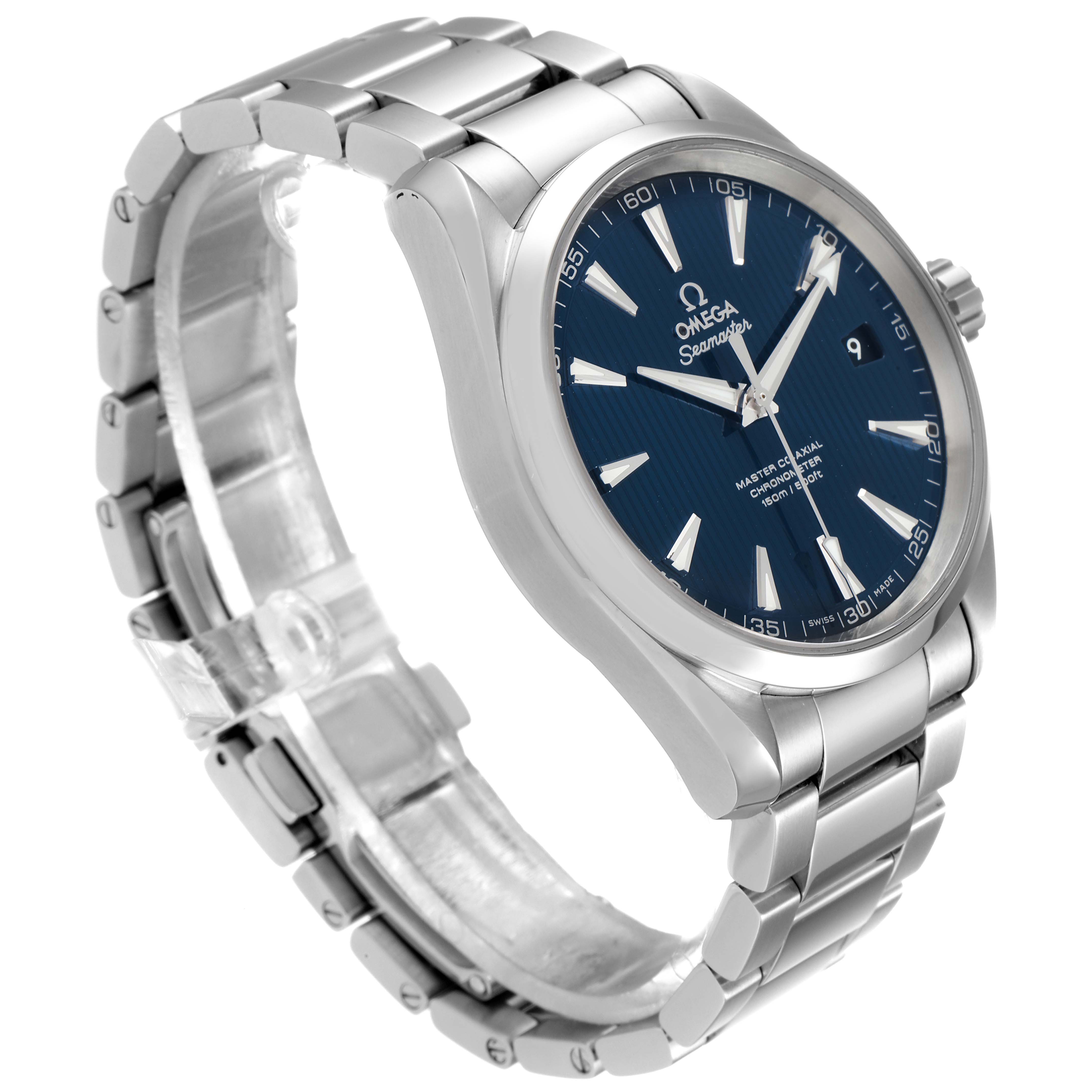 The Omega Aqua Terra 231.10.42.21.03.003 Men
s Stainless Steel Blue Dial 231.10.42.21.03.003 Men
s Stainless Steel Blue Dial watch is shown at a three-quarter angle, highlighting the bracelet, blue dial, and case.