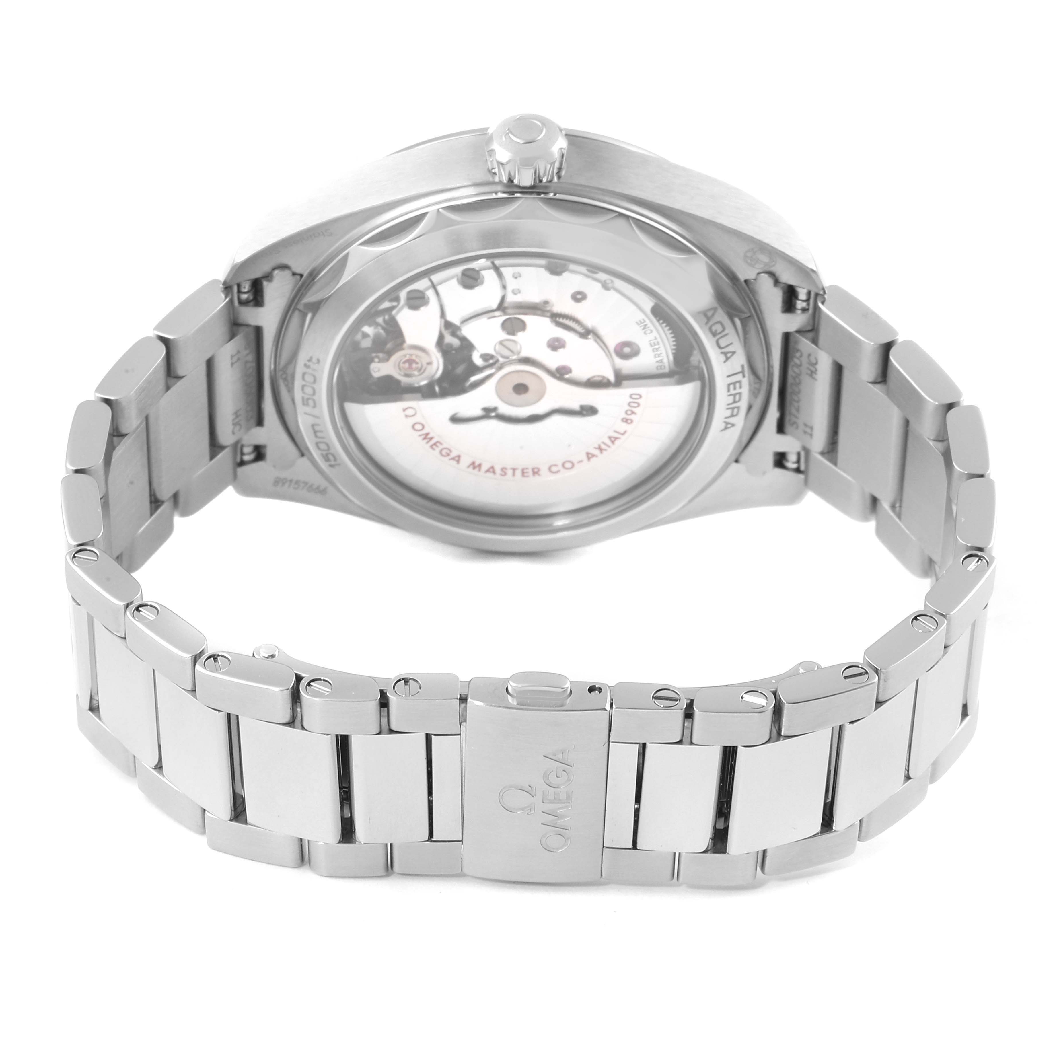 The image shows the back view of the Omega Aqua Terra 220.10.41.21.02.001 Men
s Stainless Steel Silver Dial 220.10.41.21.02.001 Men
s Stainless Steel Silver Dial watch, highlighting its movement and stainless-steel bracelet.