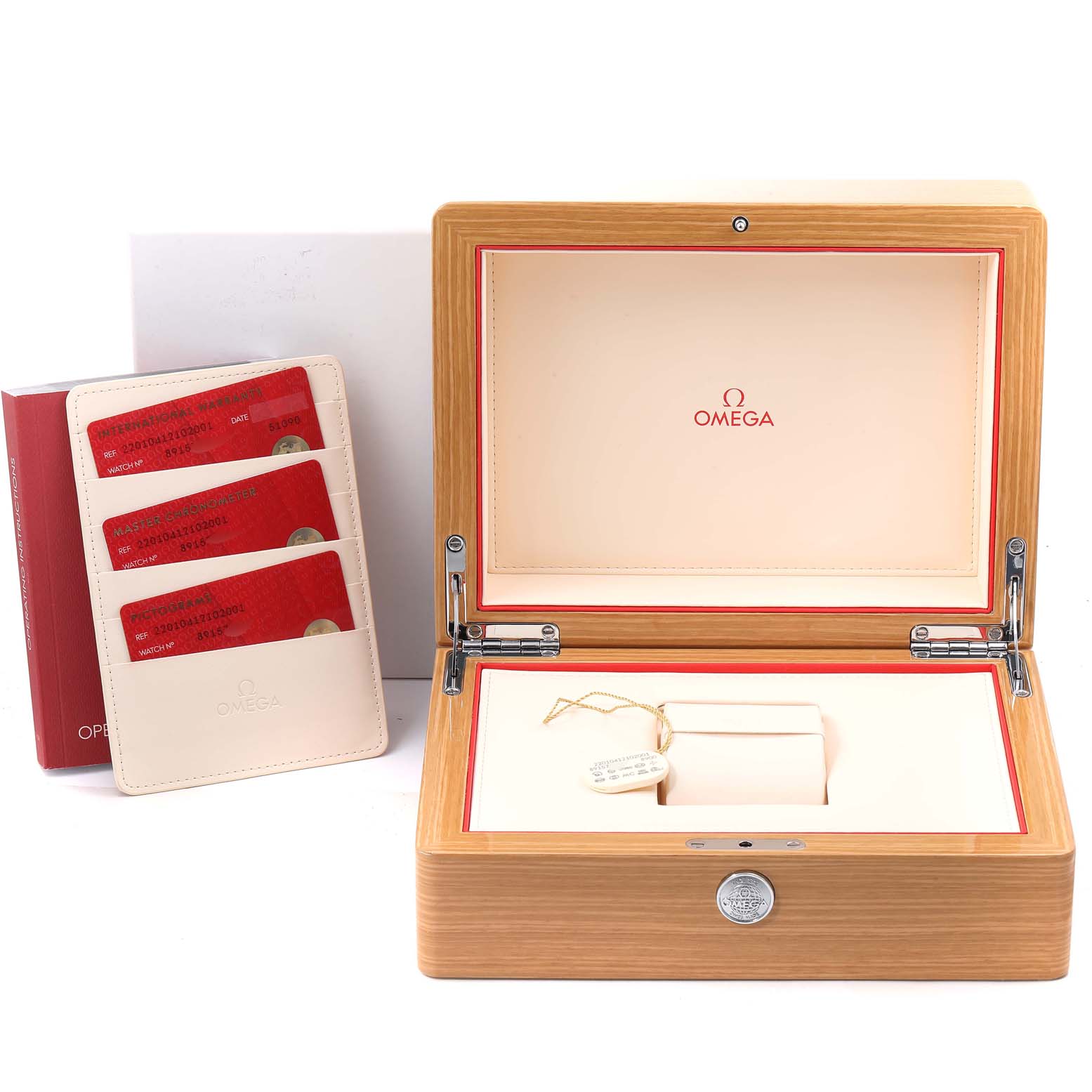 The image shows the Omega Aqua Terra 220.10.41.21.02.001 Men
s Stainless Steel Silver Dial 220.10.41.21.02.001 Men
s Stainless Steel Silver Dial watch packaging, including the box, warranty cards, and tags, photographed from the front.