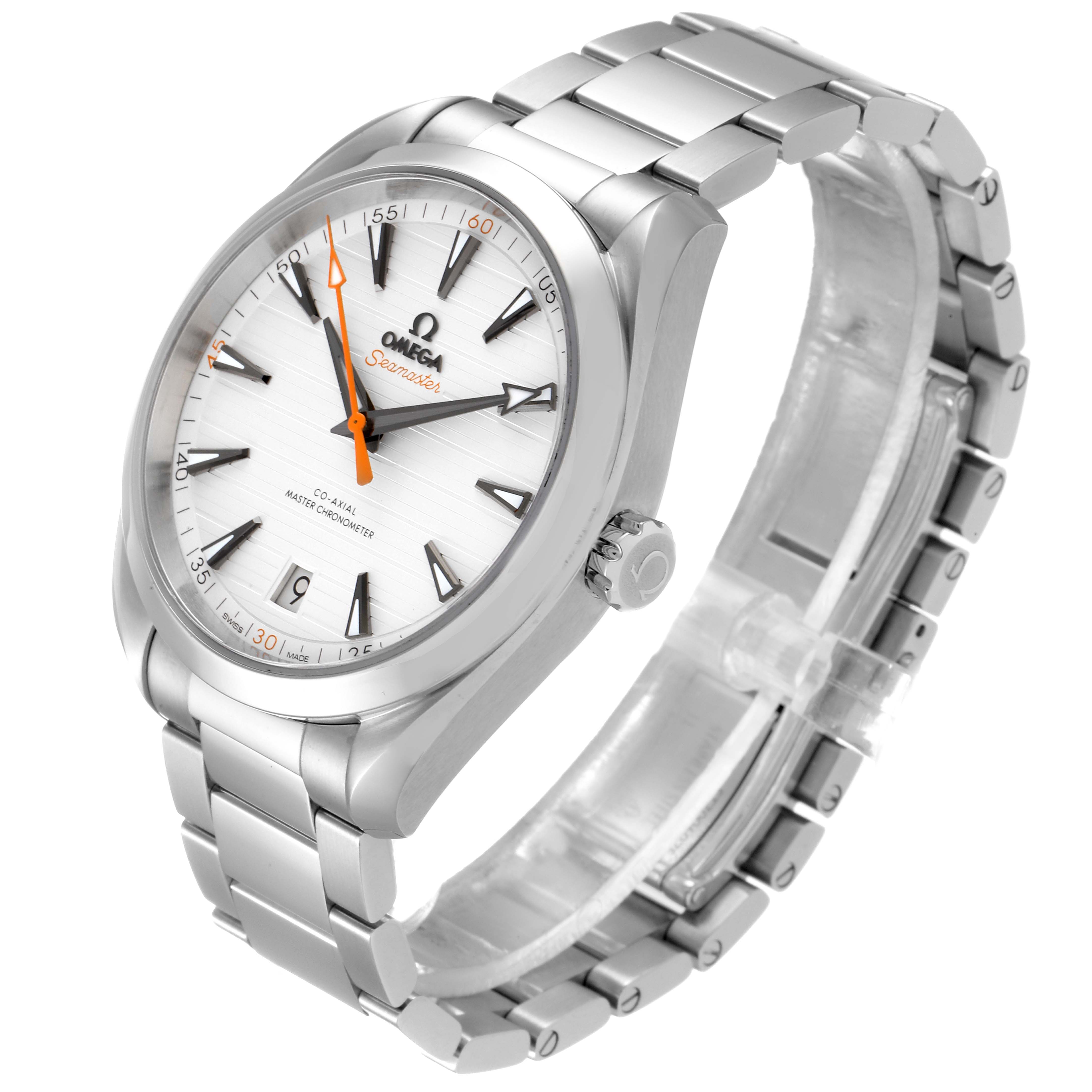 The Omega Aqua Terra 220.10.41.21.02.001 Men
s Stainless Steel Silver Dial 220.10.41.21.02.001 Men
s Stainless Steel Silver Dial watch is shown from a high front angle, displaying its face, bezel, crown, and metallic bracelet.