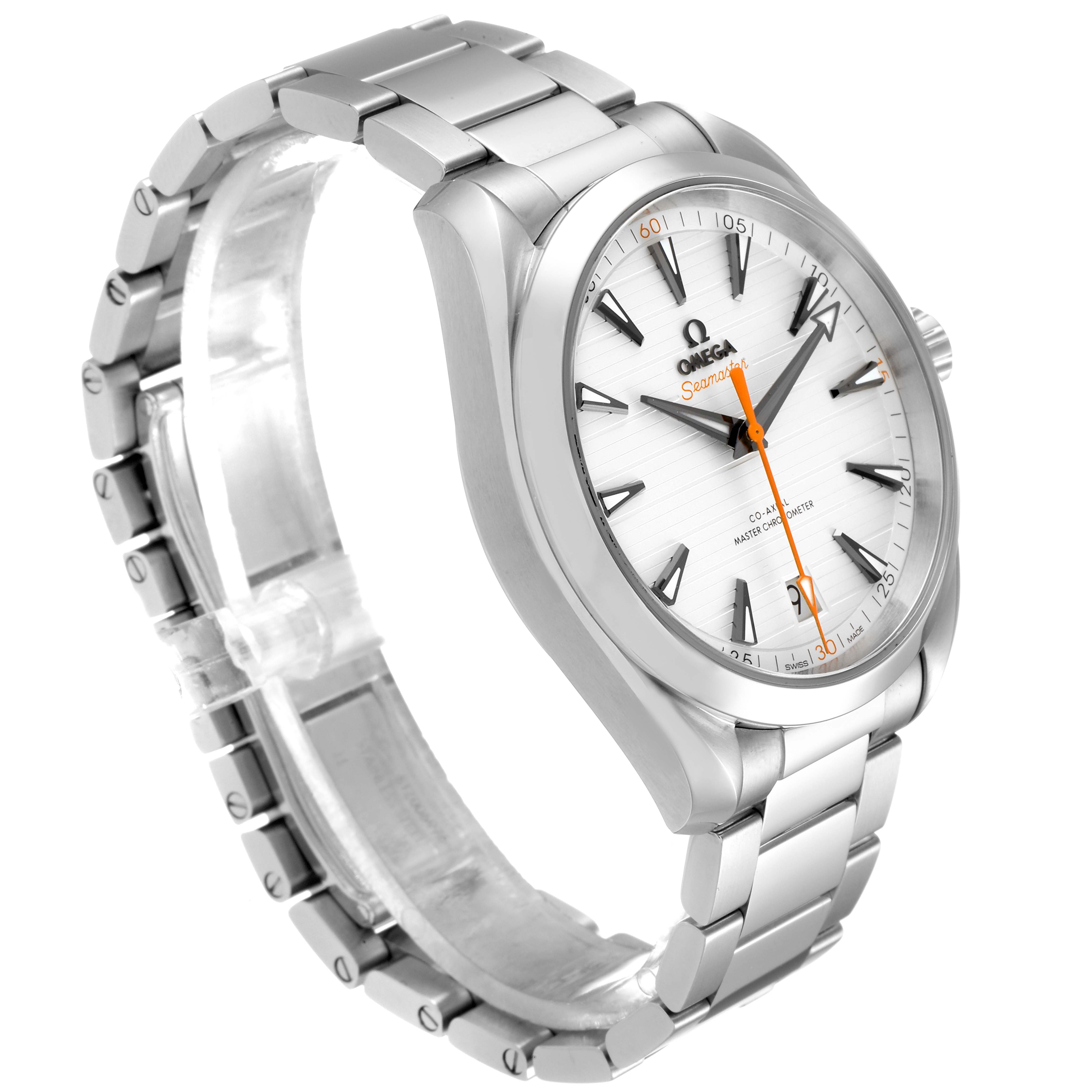 The image shows a side angle view of an Omega Aqua Terra 220.10.41.21.02.001 Men
s Stainless Steel Silver Dial 220.10.41.21.02.001 Men
s Stainless Steel Silver Dial watch, highlighting the face, bezel, and bracelet.