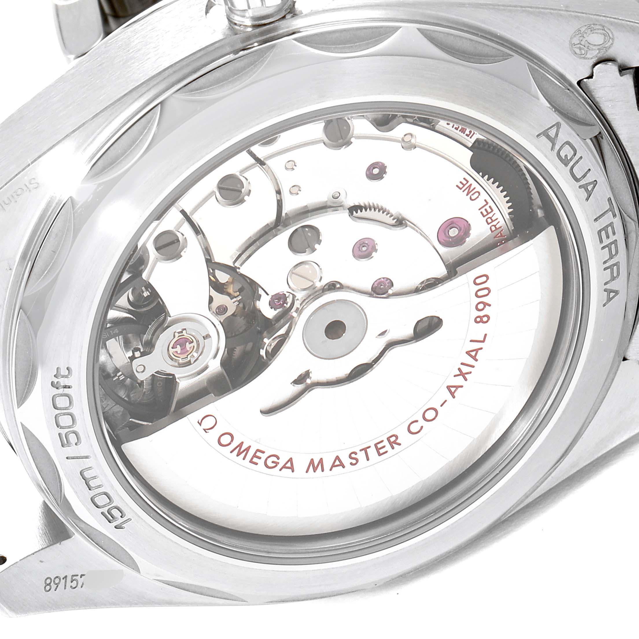 The image shows the back of an Omega Aqua Terra 220.10.41.21.02.001 Men
s Stainless Steel Silver Dial 220.10.41.21.02.001 Men
s Stainless Steel Silver Dial watch, highlighting its transparent case back and visible movement.