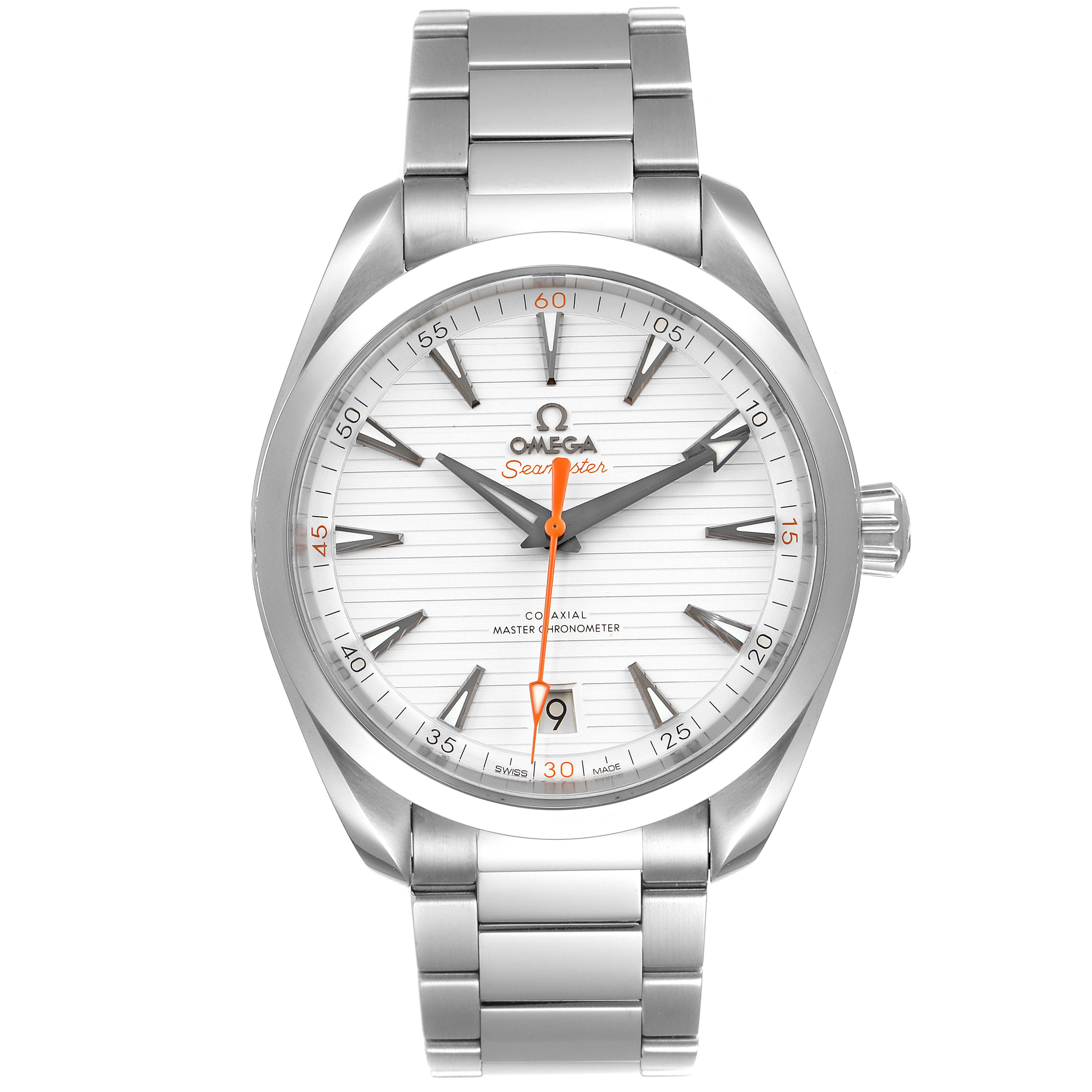 The Omega Aqua Terra 220.10.41.21.02.001 Men
s Stainless Steel Silver Dial 220.10.41.21.02.001 Men
s Stainless Steel Silver Dial watch is shown from a top-down angle, highlighting the dial, case, bracelet, and crown.